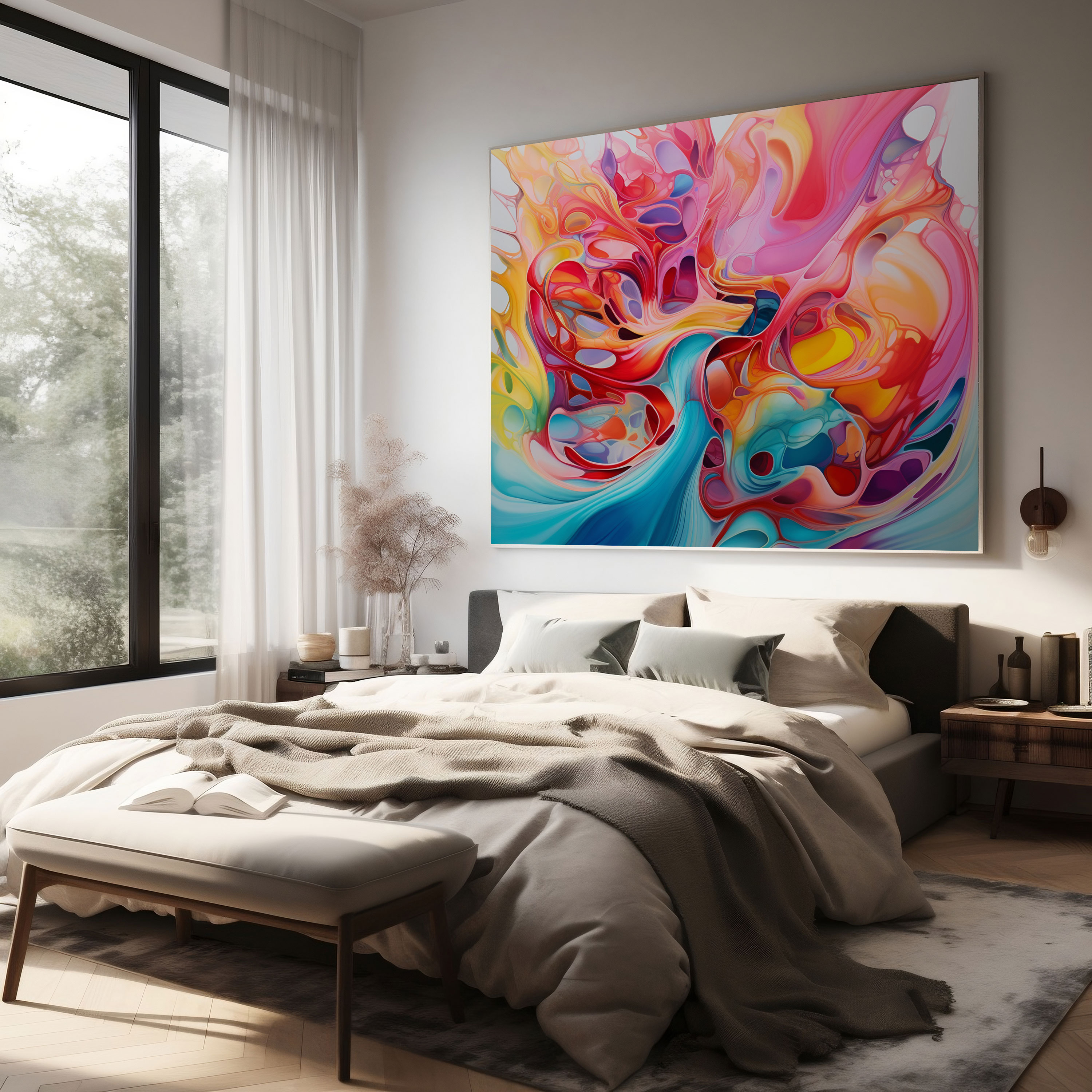 Linsenförmige abstrakte Wandkunst: Farbenfrohe Freiheit - Linsenförmig Wohn-Dekoration Lebendige Farben Leinwand