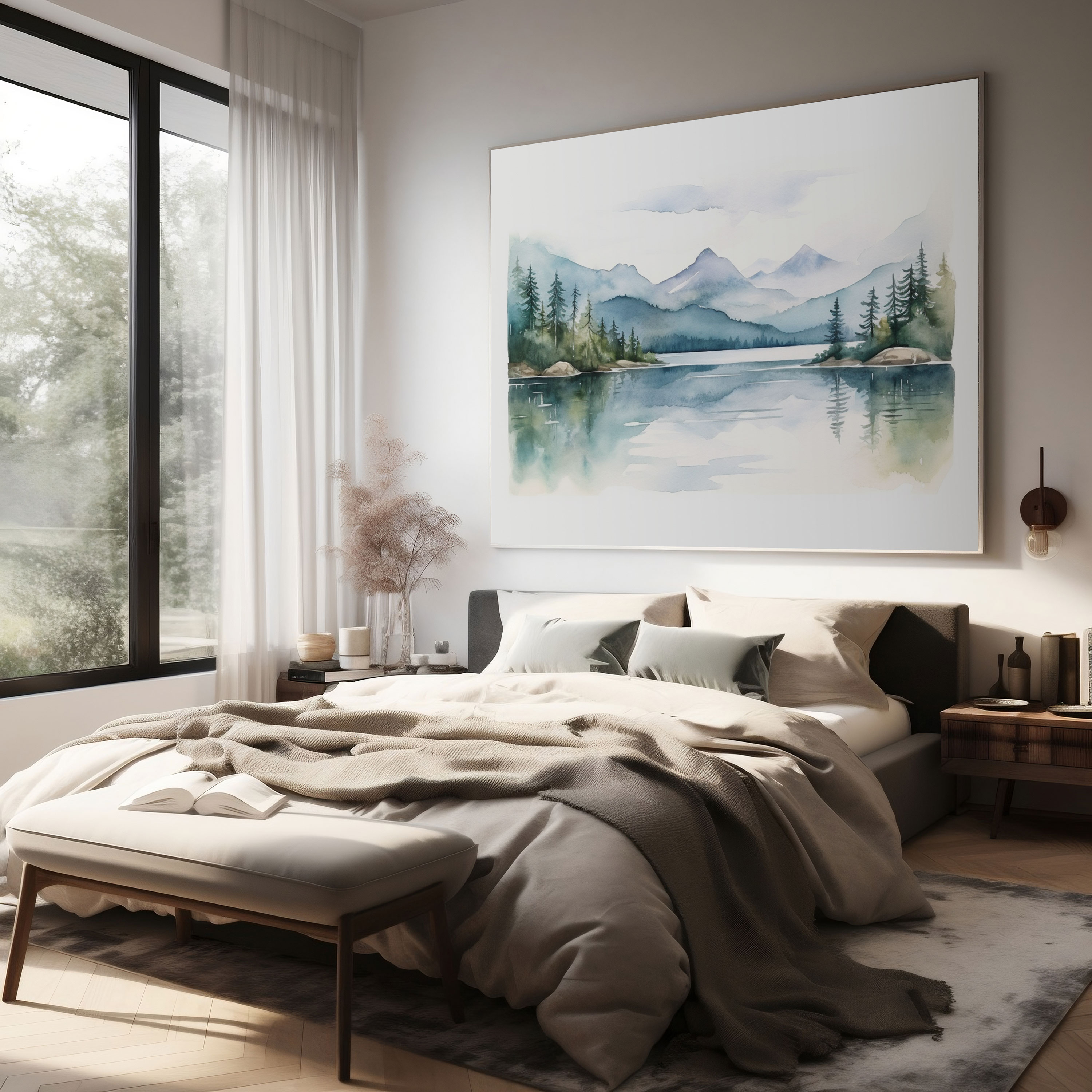 Linsenraster Aquarell Landschaft Leinwandbild - Ruhe am See Leinwand Wandkunst Leinwandbild
