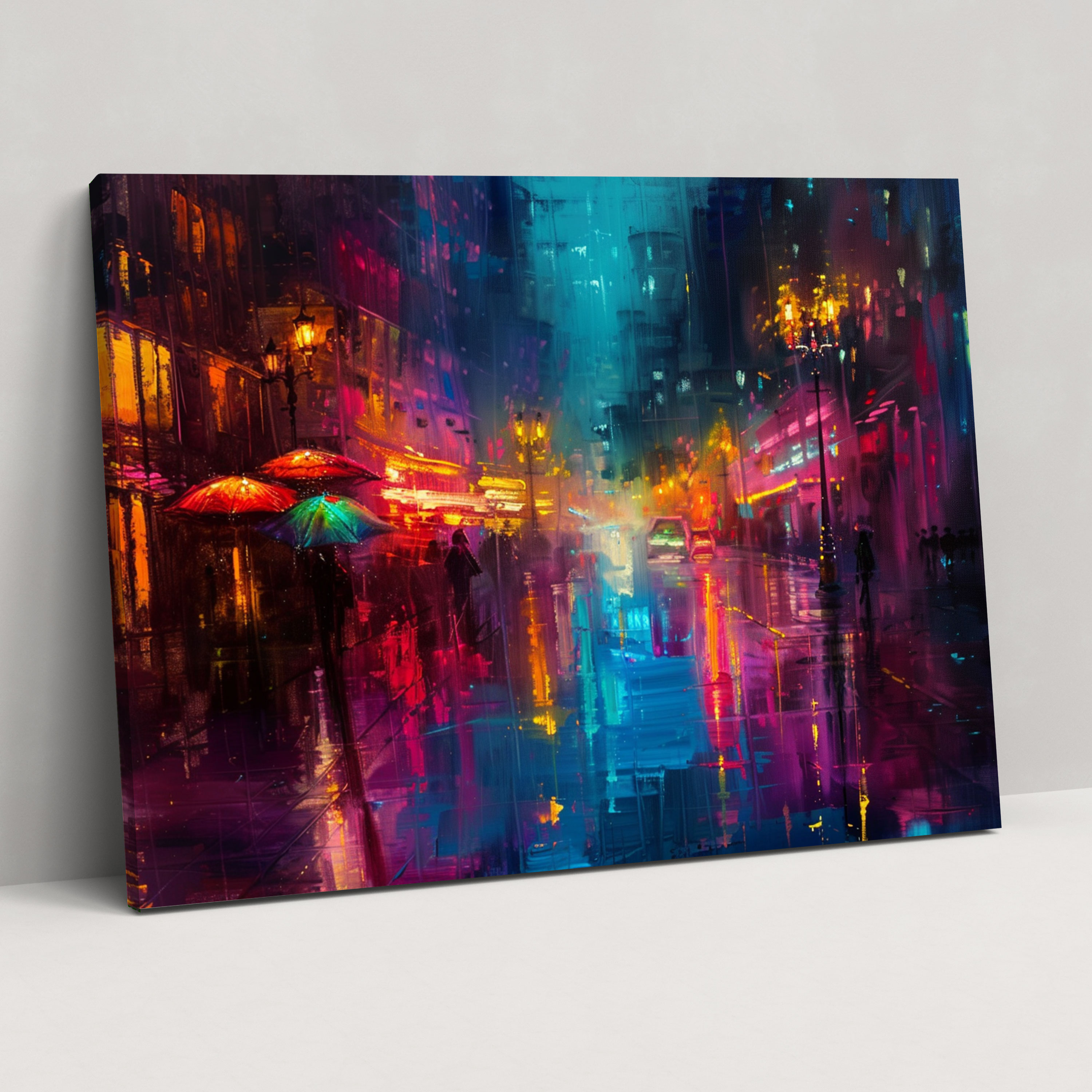 Leonid Afremov Inspired Rainy Night Cityscape Canvas Print - Leonid Afremov, Canvas, Wall Decoration, Canvas Wall Art