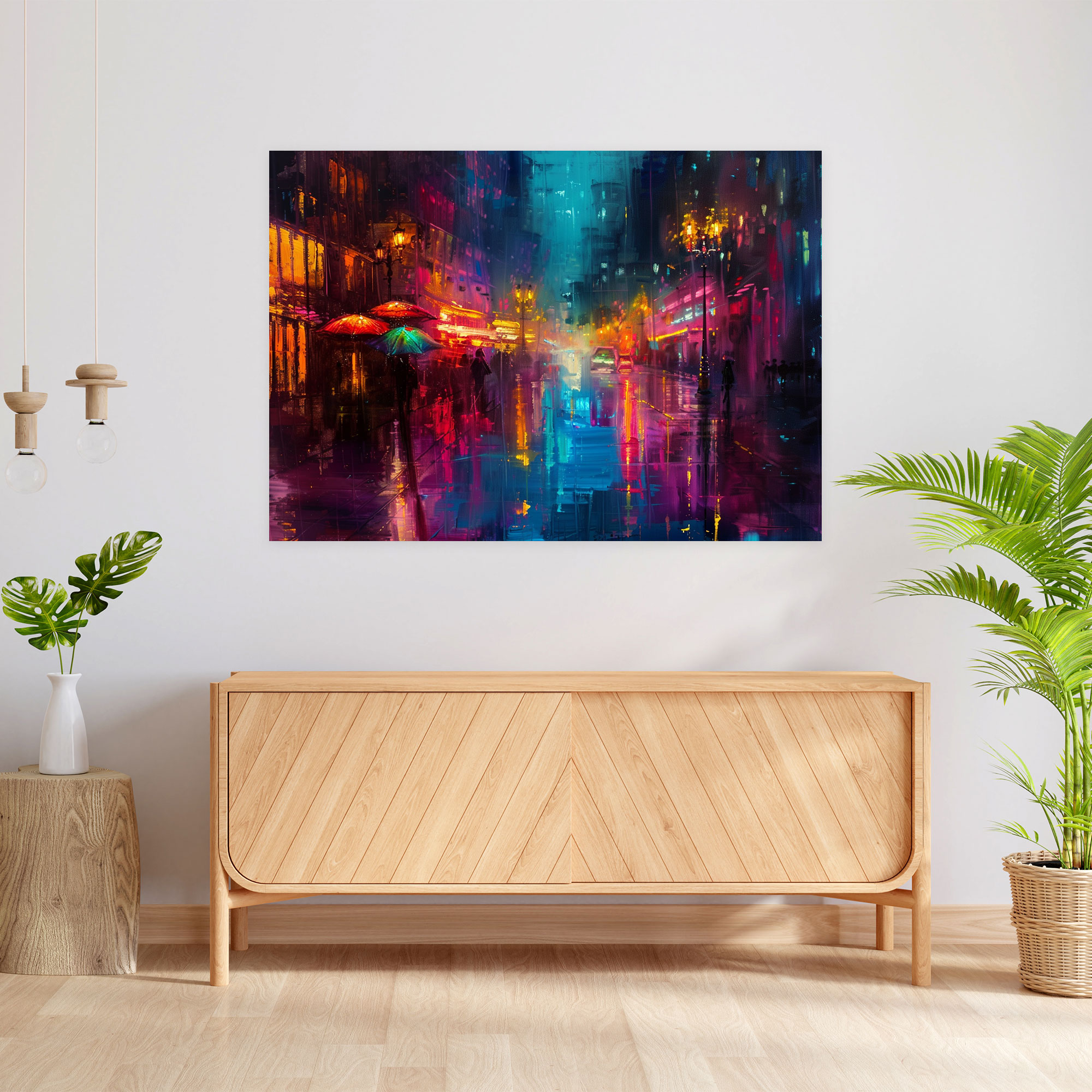 Leonid Afremov Inspired Rainy Night Cityscape Canvas Print - Leonid Afremov, Canvas, Wall Decoration, Canvas Wall Art