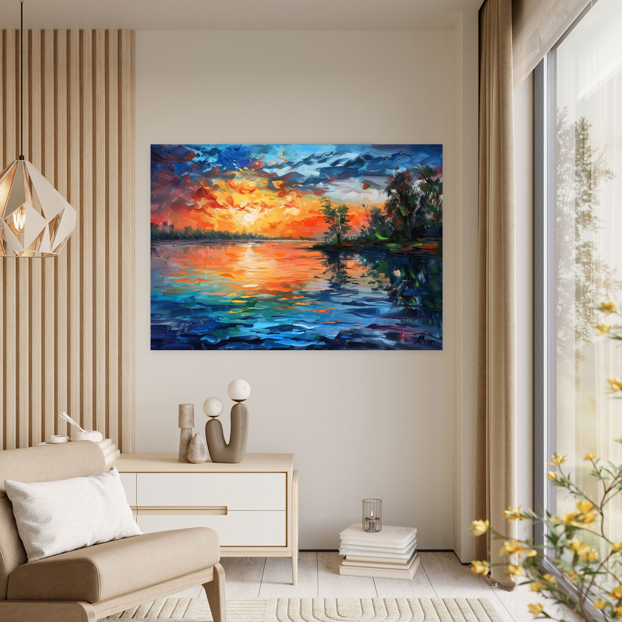Leonid Afremov Wall Decoration - Peaceful Lake Sunrise - Leonid Afremov, Wall Decoration, Canvas Wall Art, Leonid Afremov