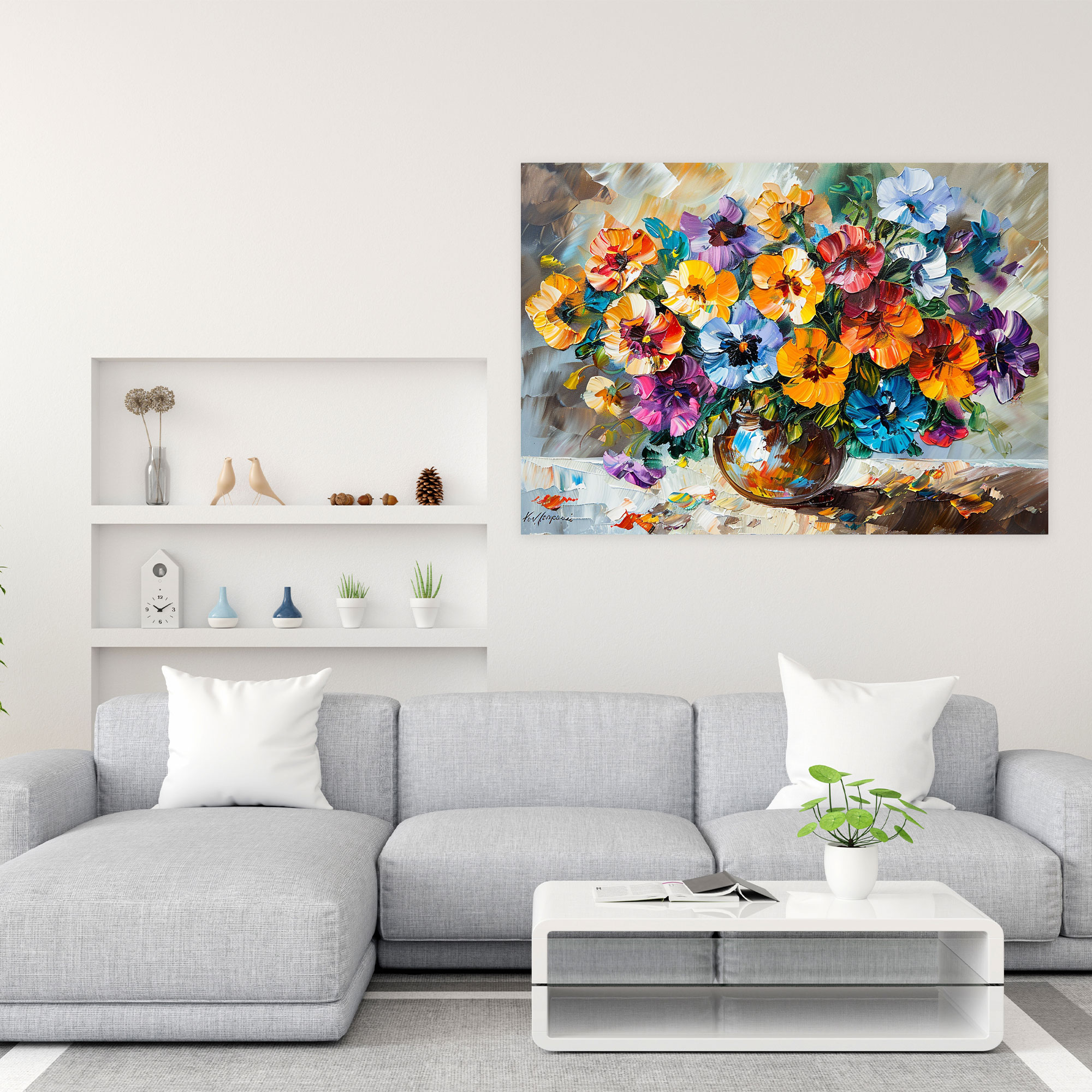 Çiçek Desenli Vazo Leonid Afremov Duvar Dekorasyonu - Kanvas Tablo Ev Dekorasyonu