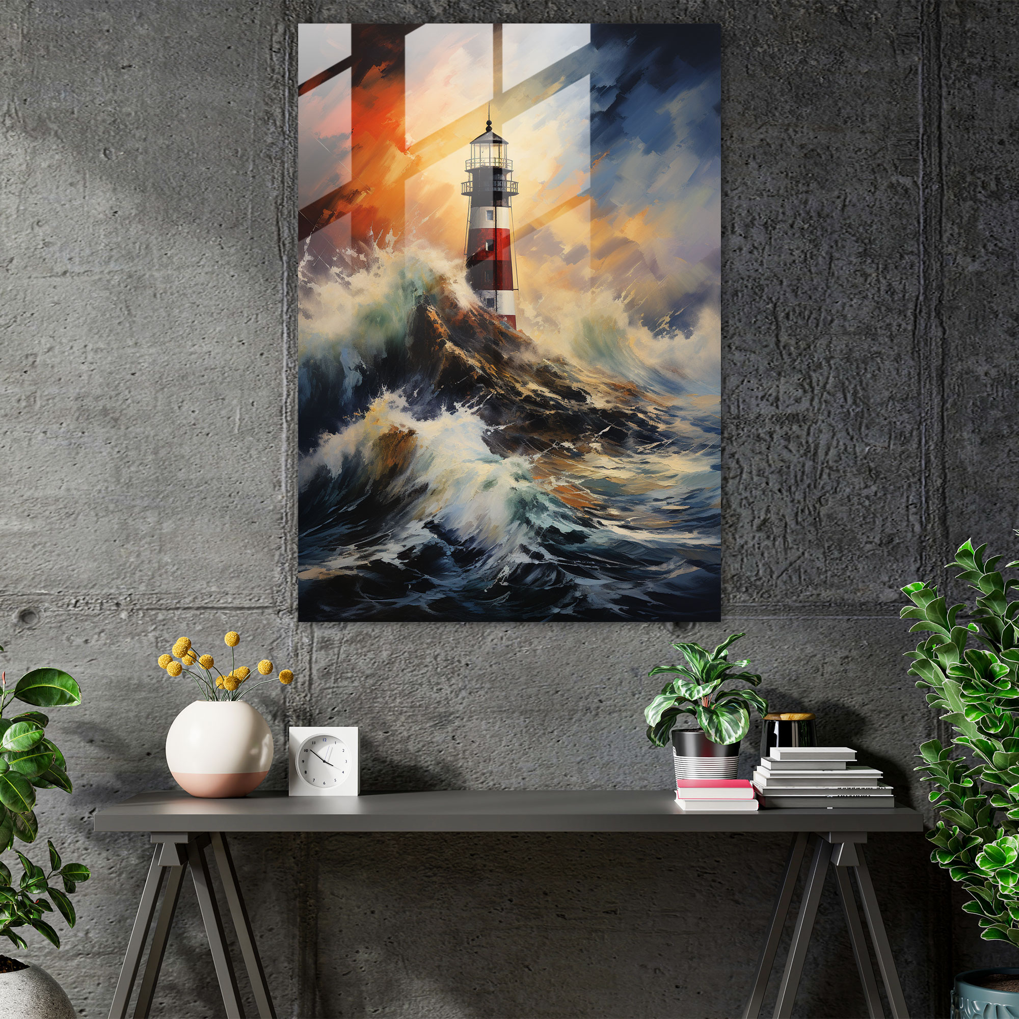 Abstract Lighthouse Glass Print - Lighthouse, Crashing Waves, Lighthouse Glass Print, Glass Art