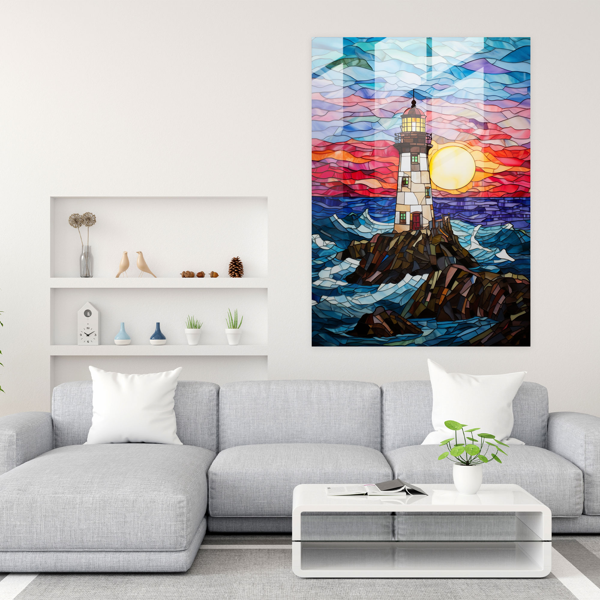 Stained Glass Lighthouse Wall Decoration - Lighthouse, Vibrant Colored Glass, Elegant Wall Decoration, Lighthouse Glass Print