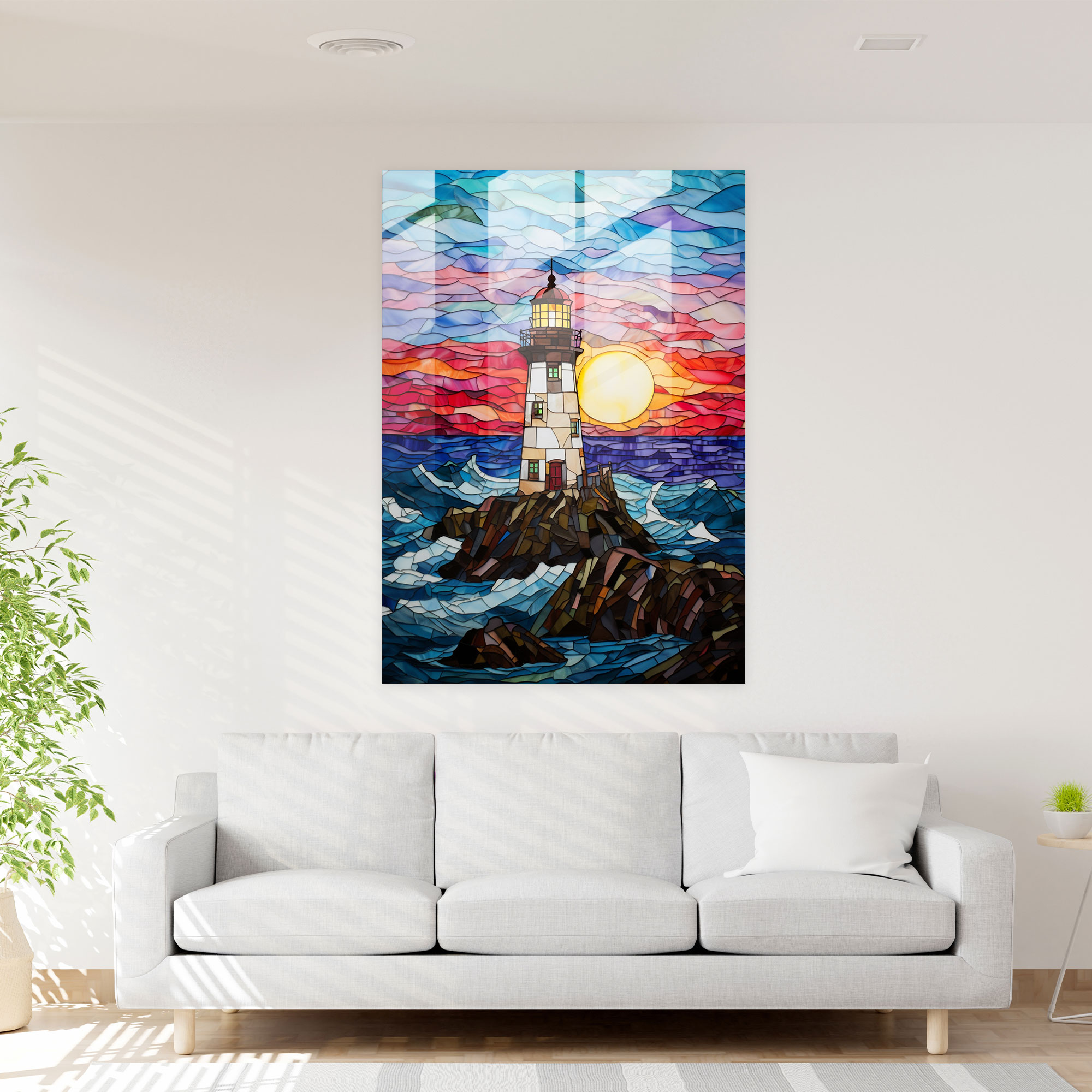 Stained Glass Lighthouse Wall Decoration - Lighthouse, Vibrant Colored Glass, Elegant Wall Decoration, Lighthouse Glass Print