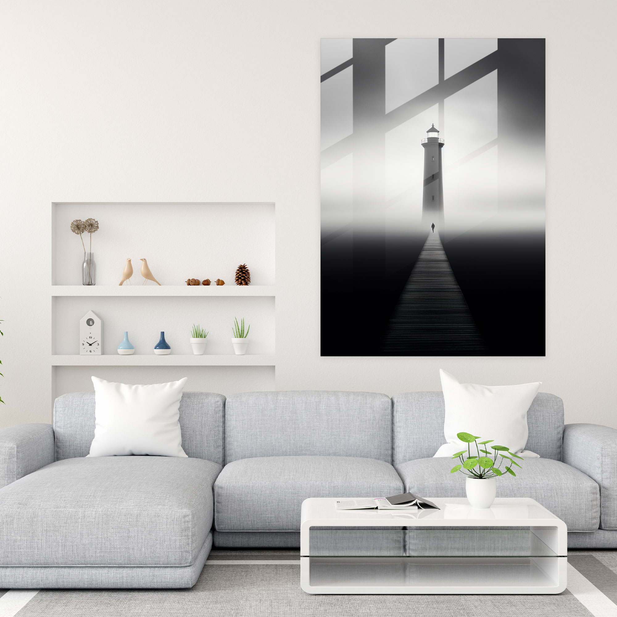 Minimalist Deniz Feneri Cam Tablo - Deniz Feneri Modern Sanat Duvar Dekorasyonu Yalnız Deniz Feneri