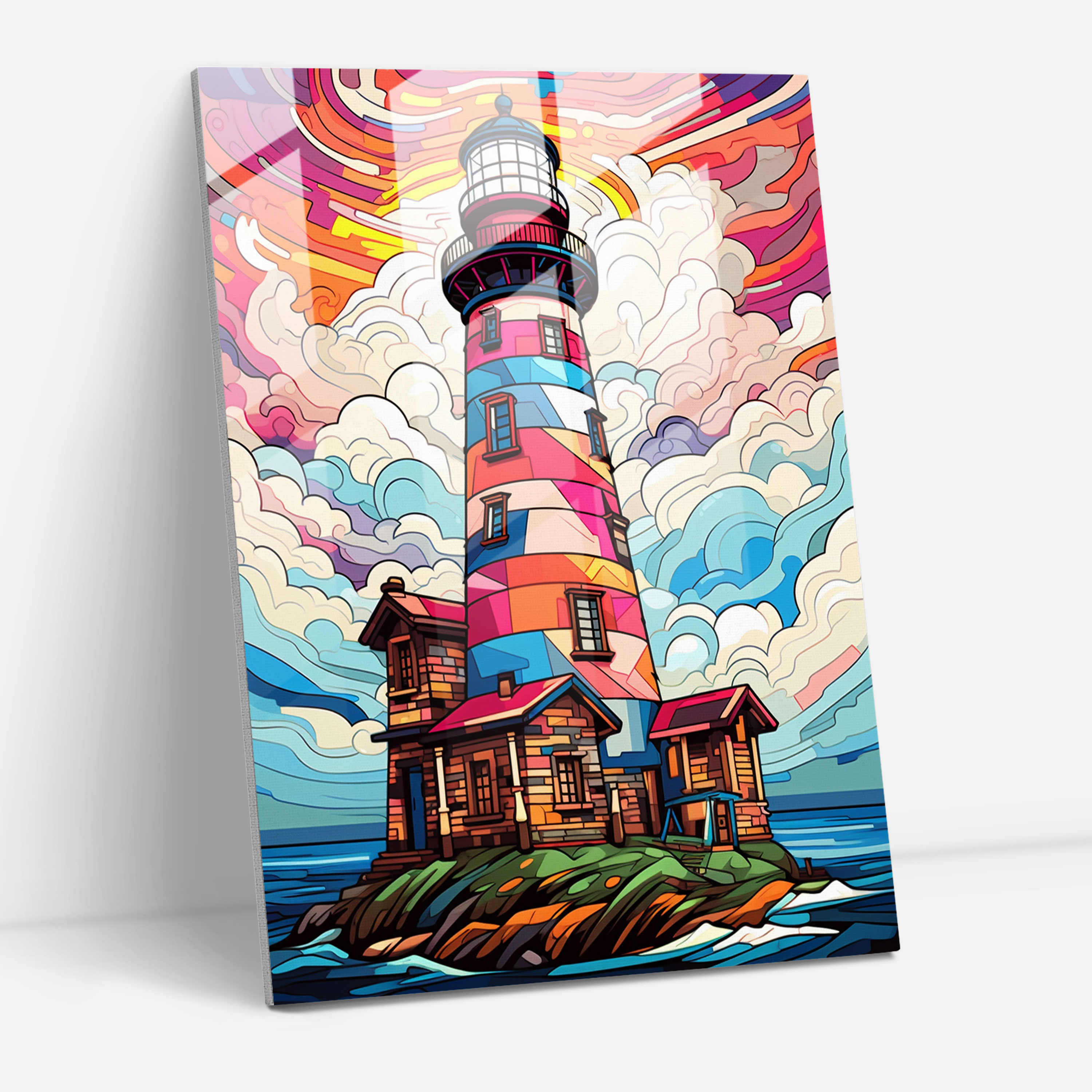 Pop Art Lighthouse Glass Print - Lighthouse, Colorful Geometric Patterns, Modern Art, Wall Decoration