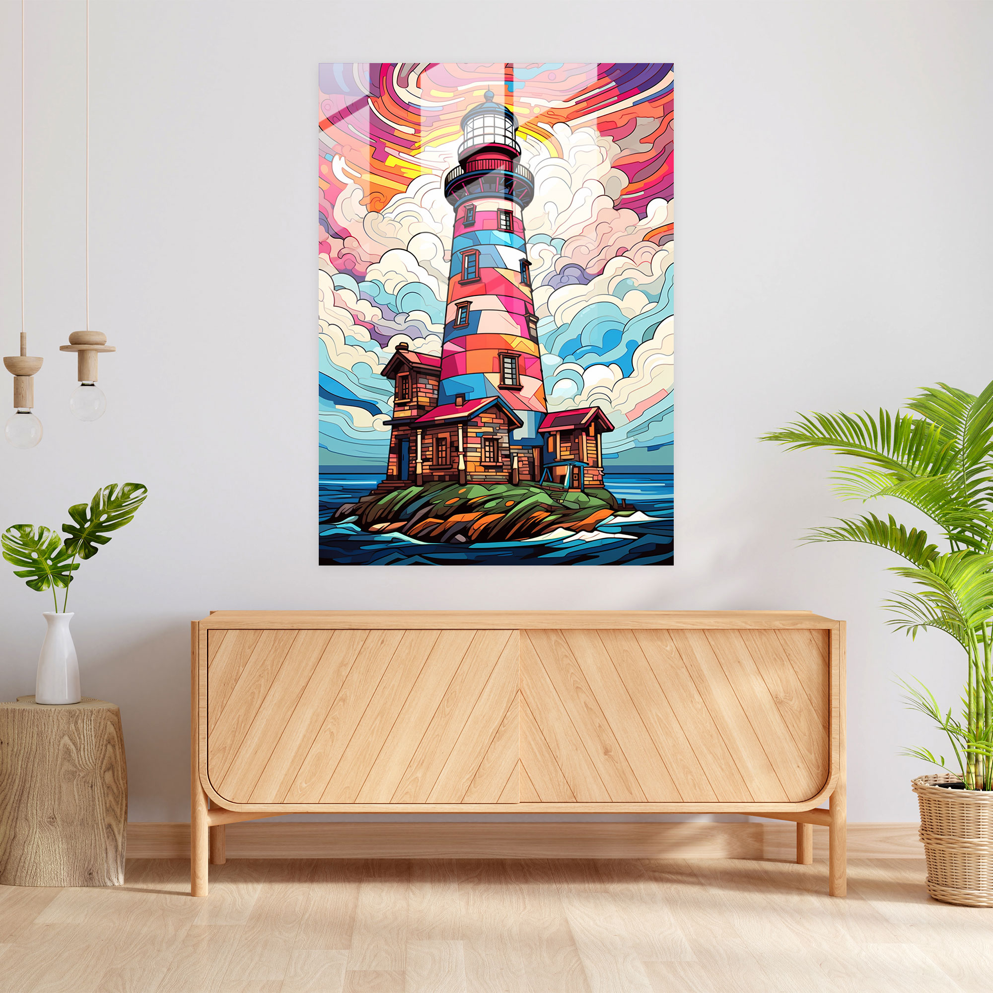 Pop Art Lighthouse Glass Print - Lighthouse, Colorful Geometric Patterns, Modern Art, Wall Decoration