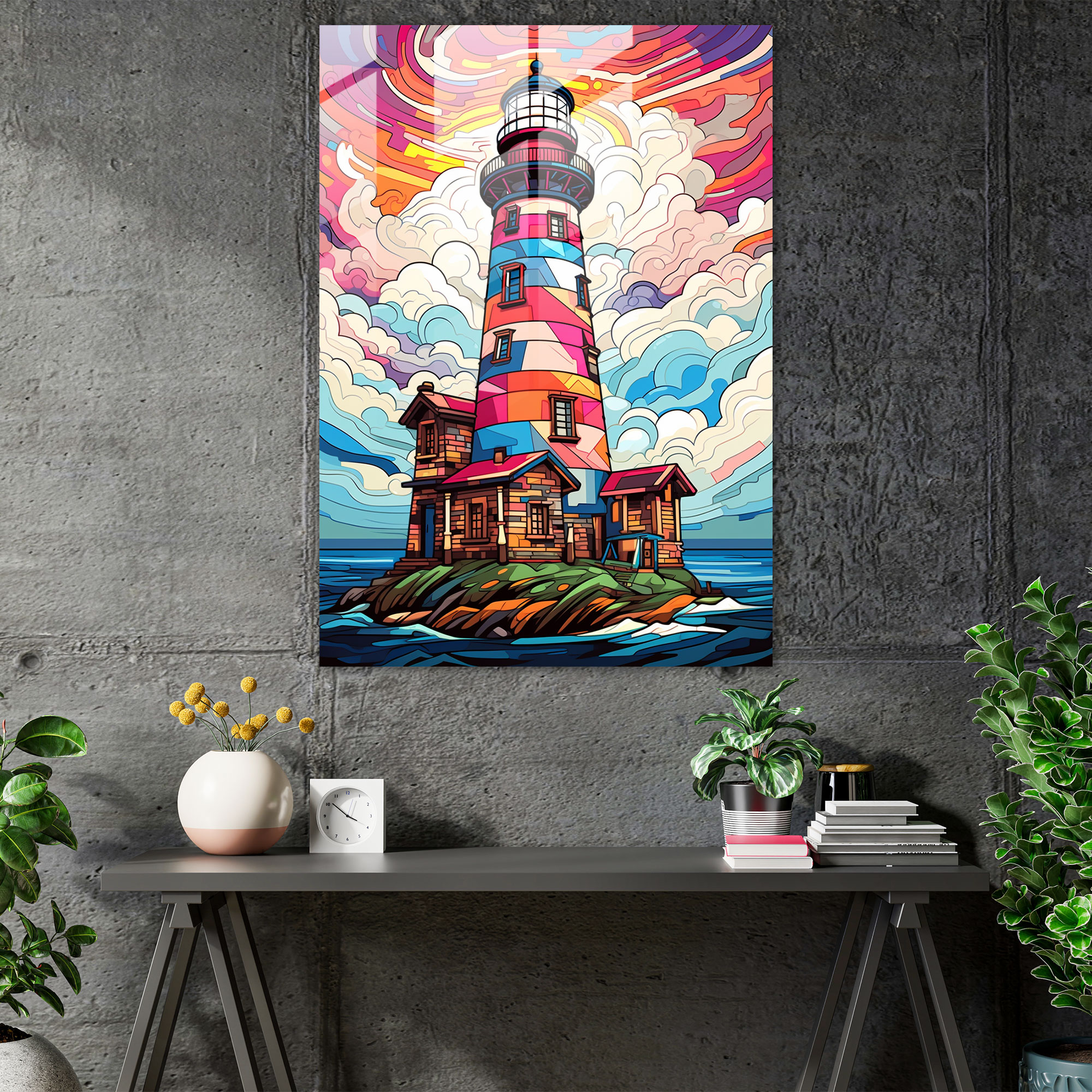 Pop Art Lighthouse Glass Print - Lighthouse, Colorful Geometric Patterns, Modern Art, Wall Decoration