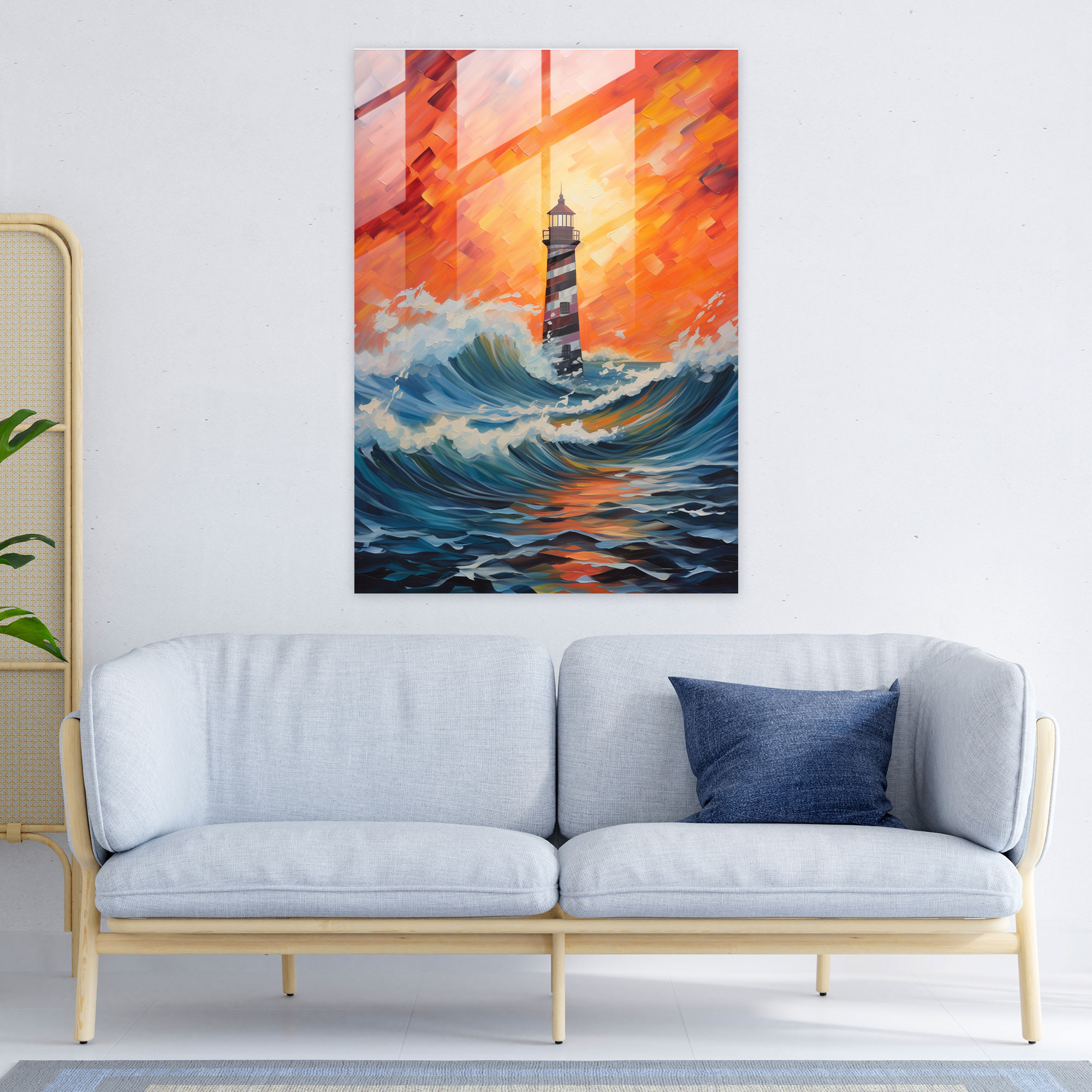 Abstract Glass Print - Lighthouse Waves - Lighthouse, Vibrant Colors, Abstract Painting, Glass Wall Art