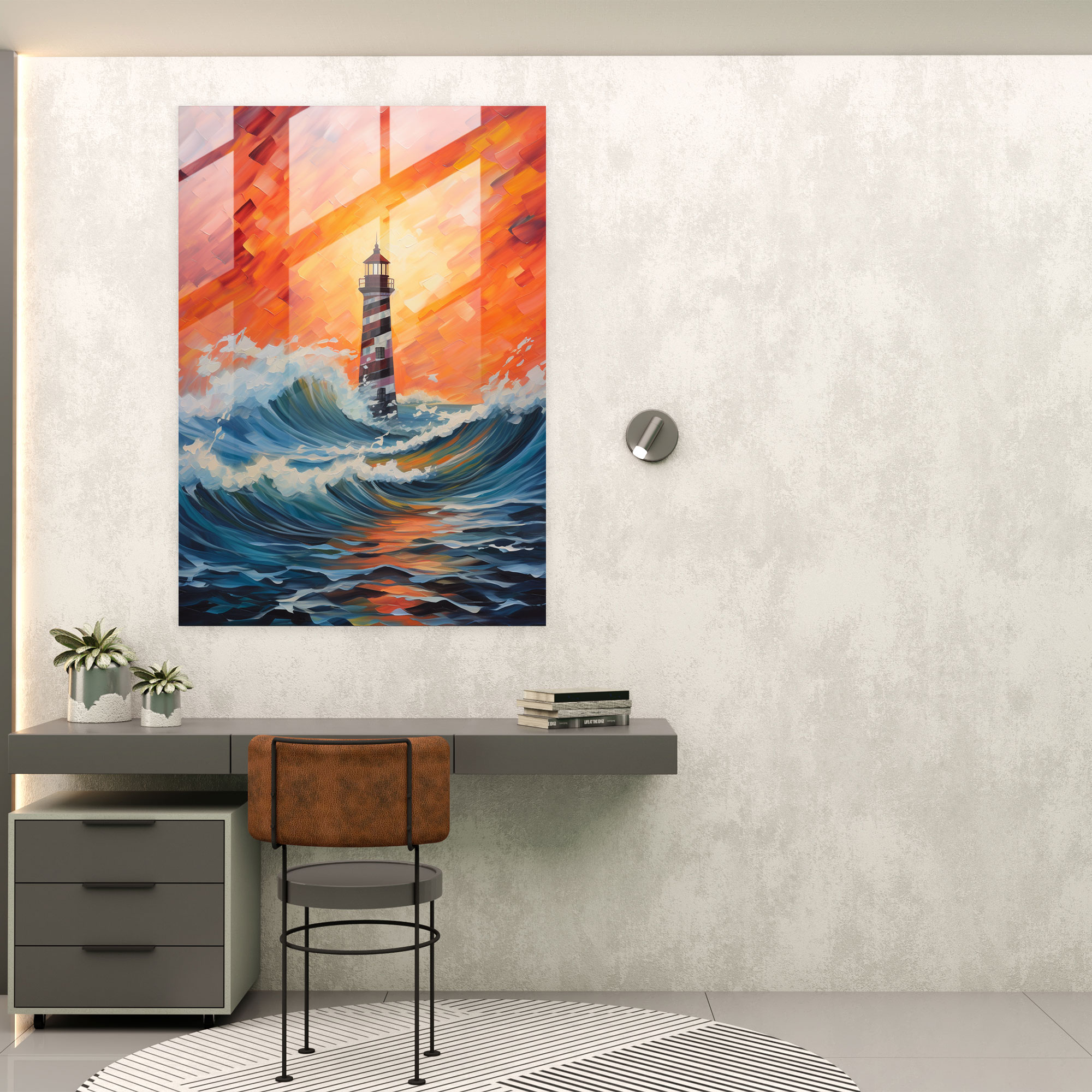 Abstract Glass Print - Lighthouse Waves - Lighthouse, Vibrant Colors, Abstract Painting, Glass Wall Art