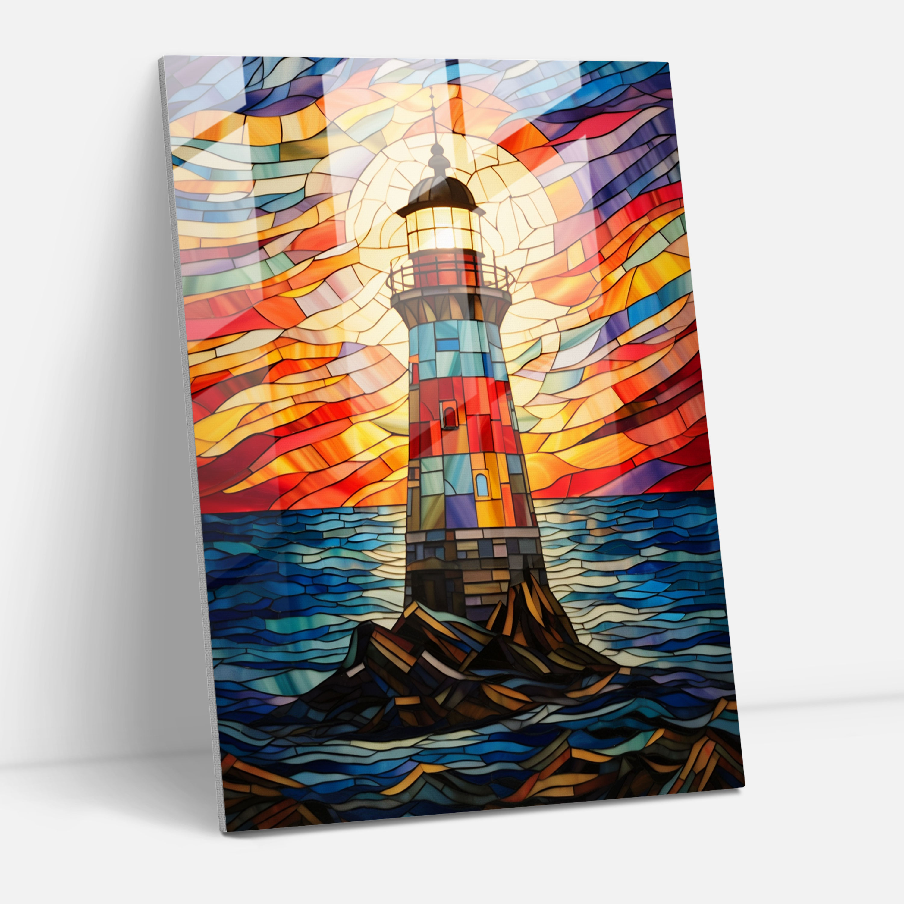 Stained Glass Wall Art - Colorful Lighthouse - Lighthouse, Rays Of Light, Colorful Panels, Glass Art