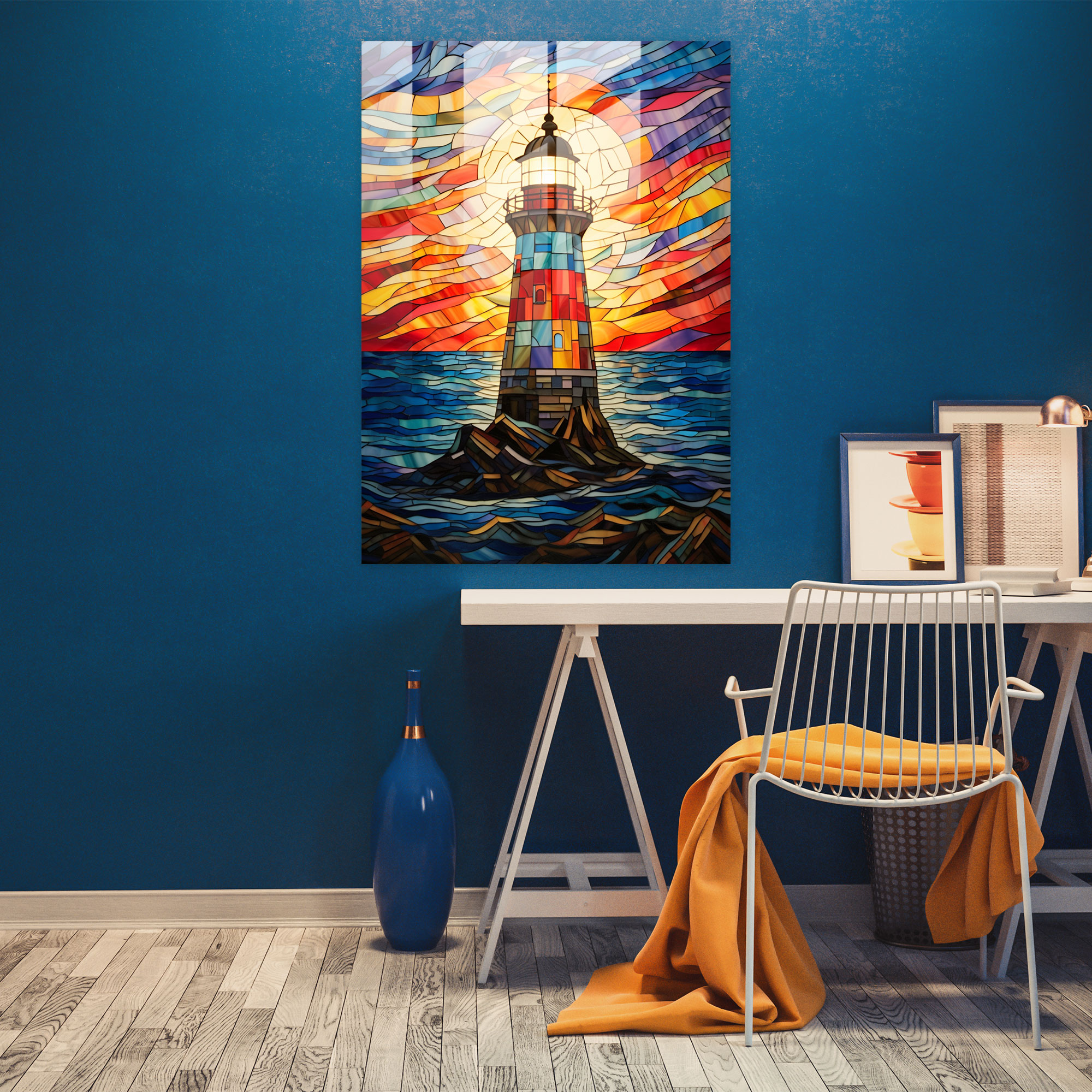 Stained Glass Wall Art - Colorful Lighthouse - Lighthouse, Rays Of Light, Colorful Panels, Glass Art