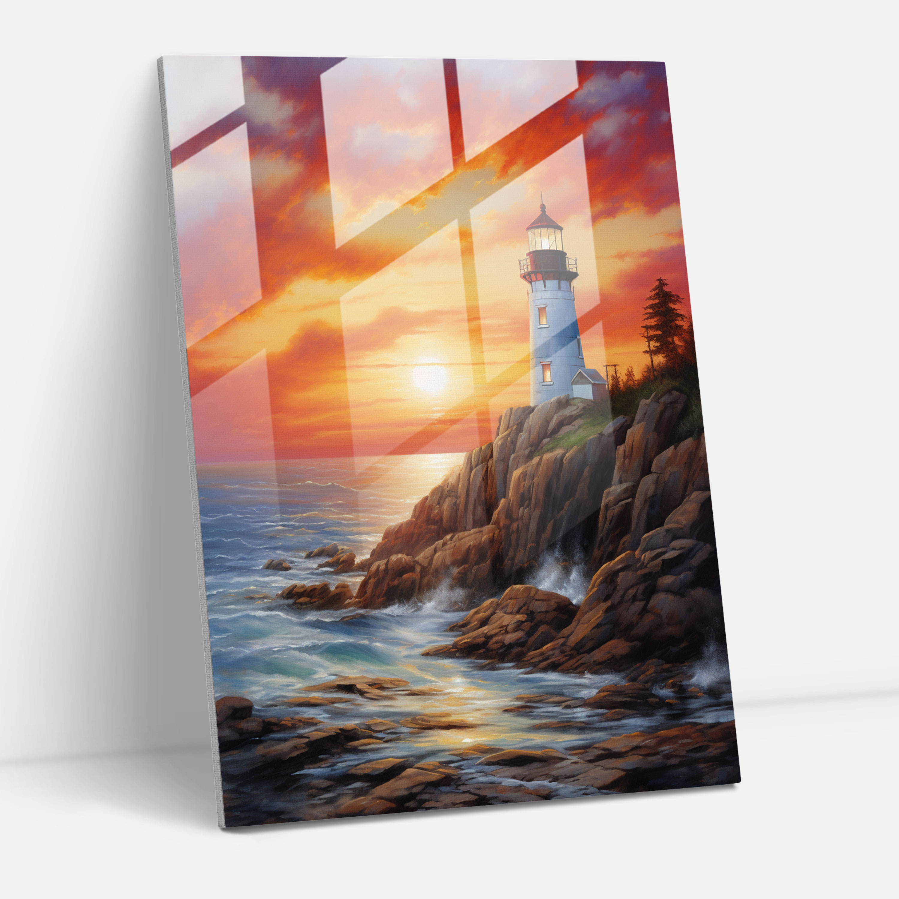 Lighthouse Oil Painting - Majestic Sunset - Lighthouse, Oil Painting, Rocky Shoreline, Lighthouse Glass Print