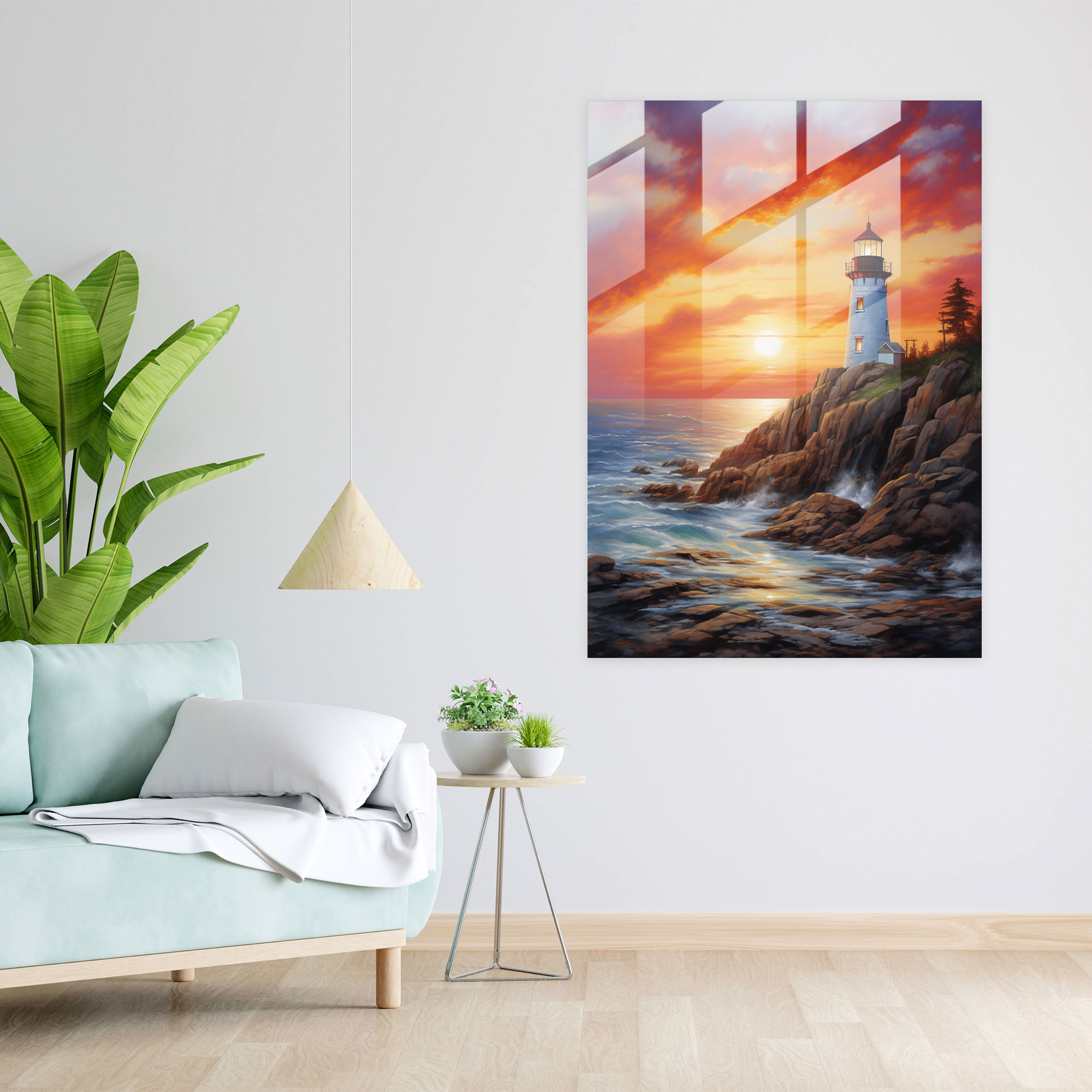 Lighthouse Oil Painting - Majestic Sunset - Lighthouse, Oil Painting, Rocky Shoreline, Lighthouse Glass Print