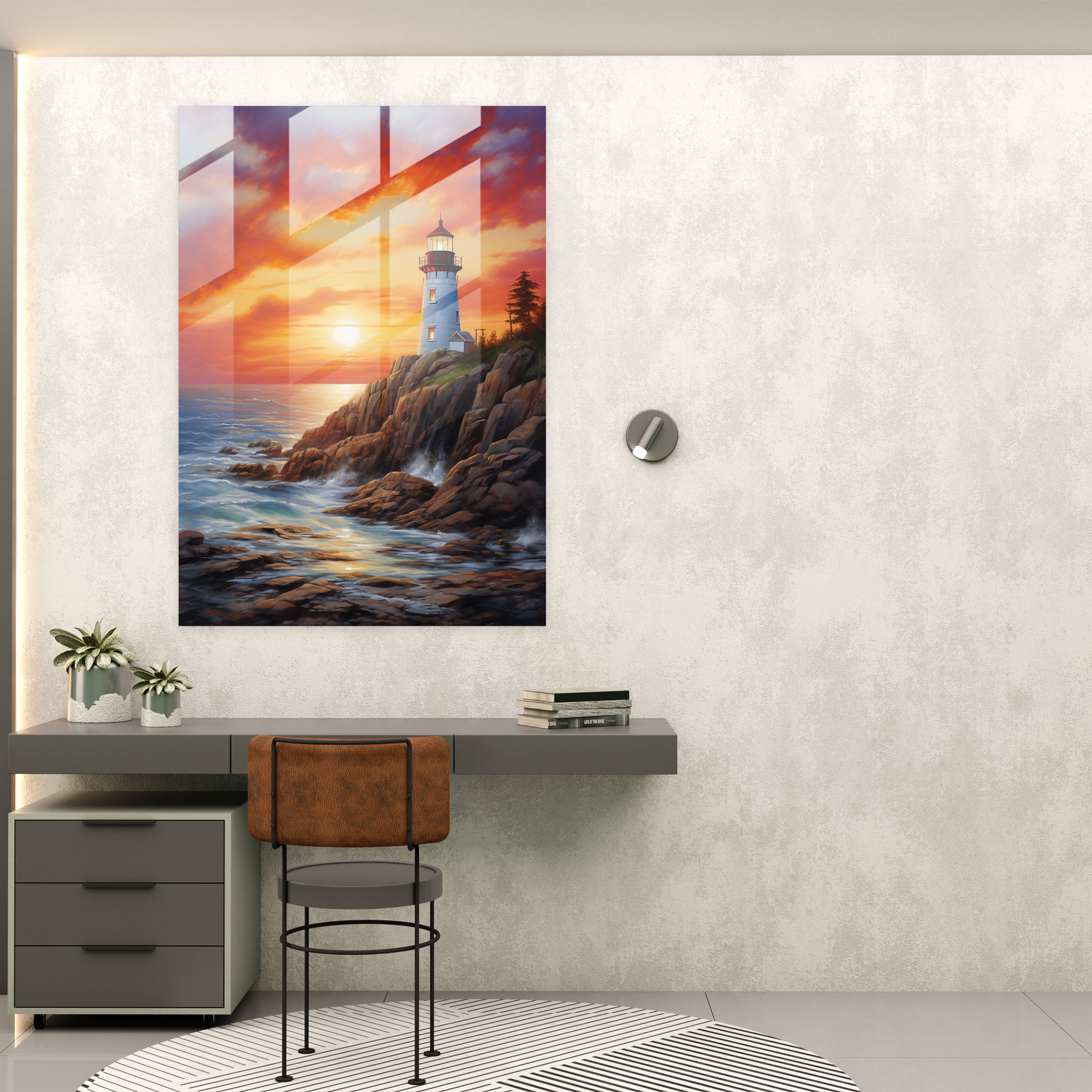 Lighthouse Oil Painting - Majestic Sunset - Lighthouse, Oil Painting, Rocky Shoreline, Lighthouse Glass Print