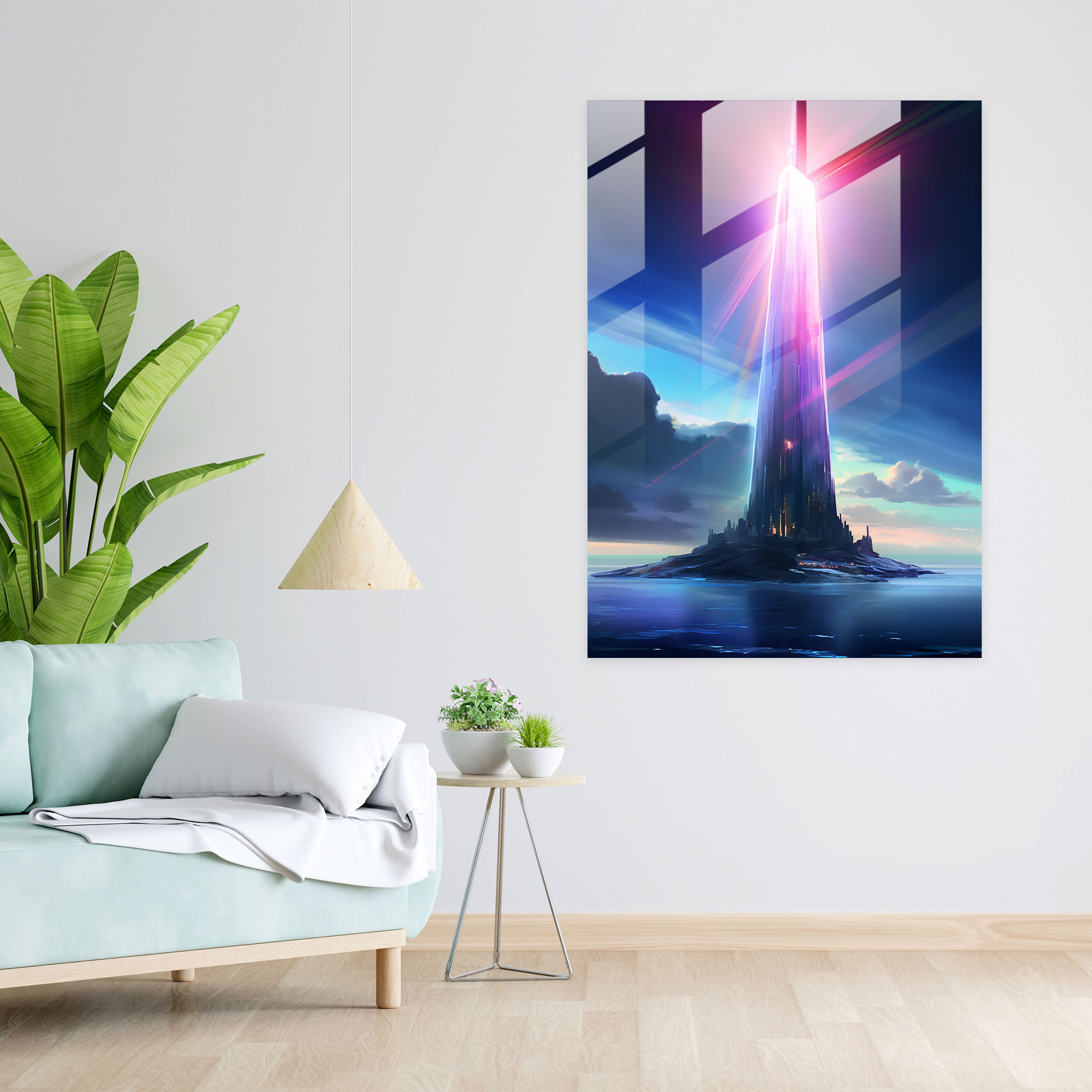 Futuristic Glass Print - Prism Lighthouse - Lighthouse, Prism Light Beam, Lighthouse Glass Print, Wall Decoration