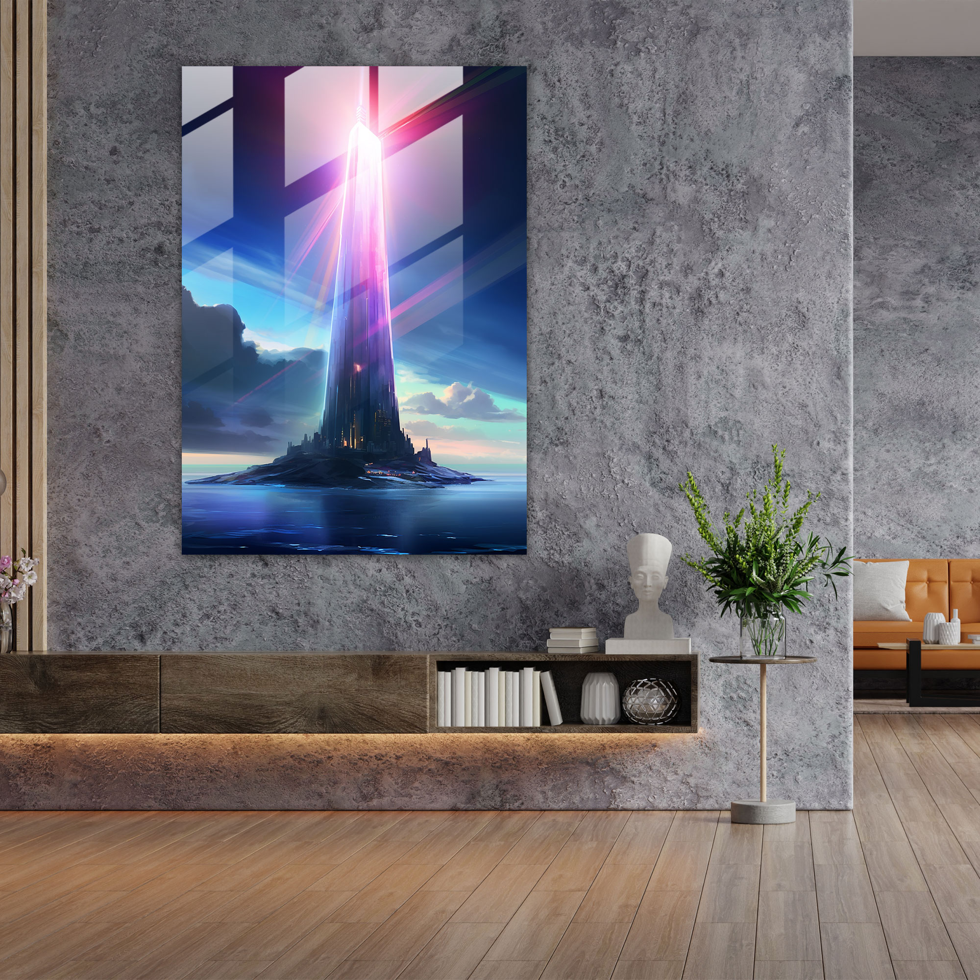 Futuristic Glass Print - Prism Lighthouse - Lighthouse, Prism Light Beam, Lighthouse Glass Print, Wall Decoration