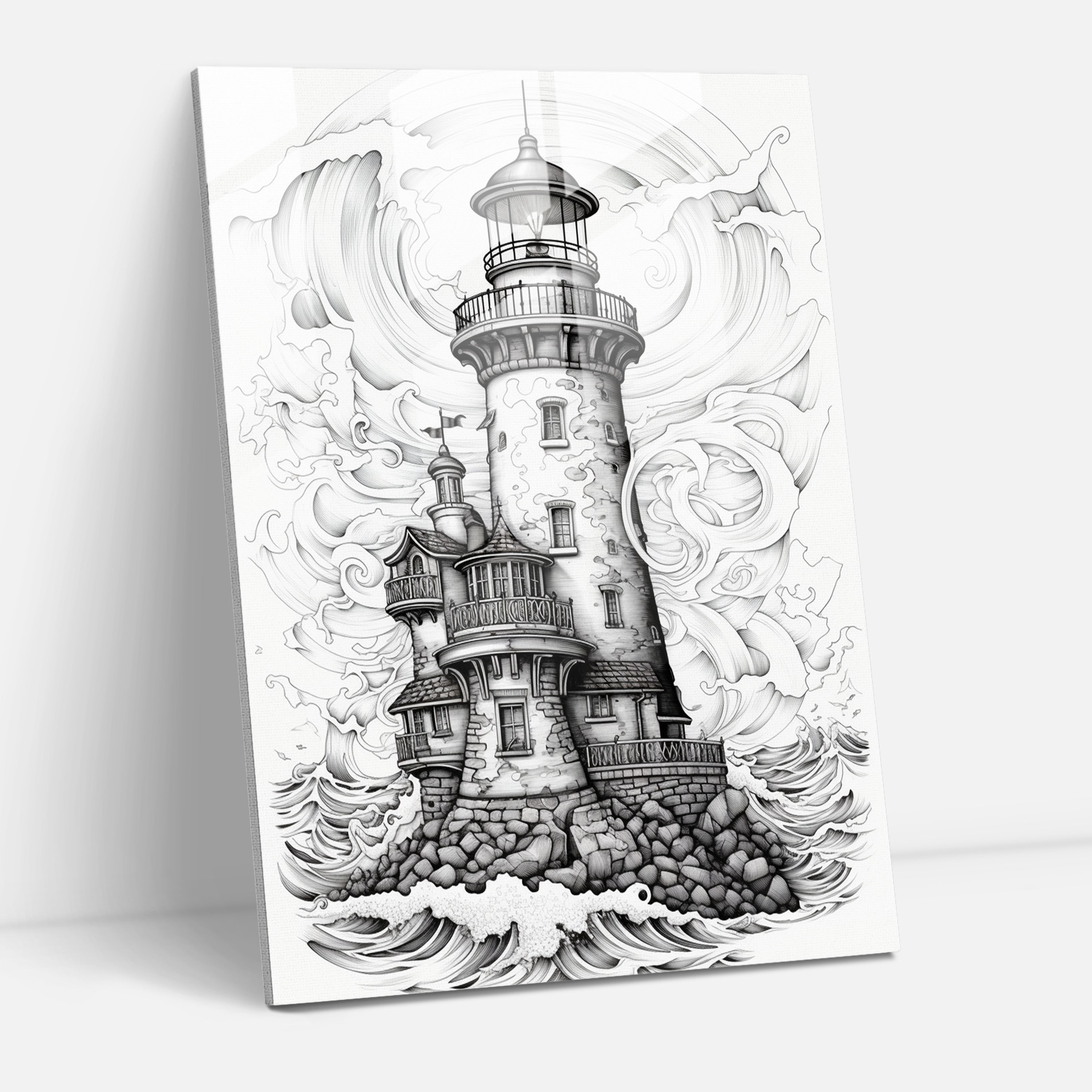 Intricate Glass Art - Whimsical Lighthouse - Lighthouse, Modern Art, Pen And Ink Drawing, Lighthouse Glass Print