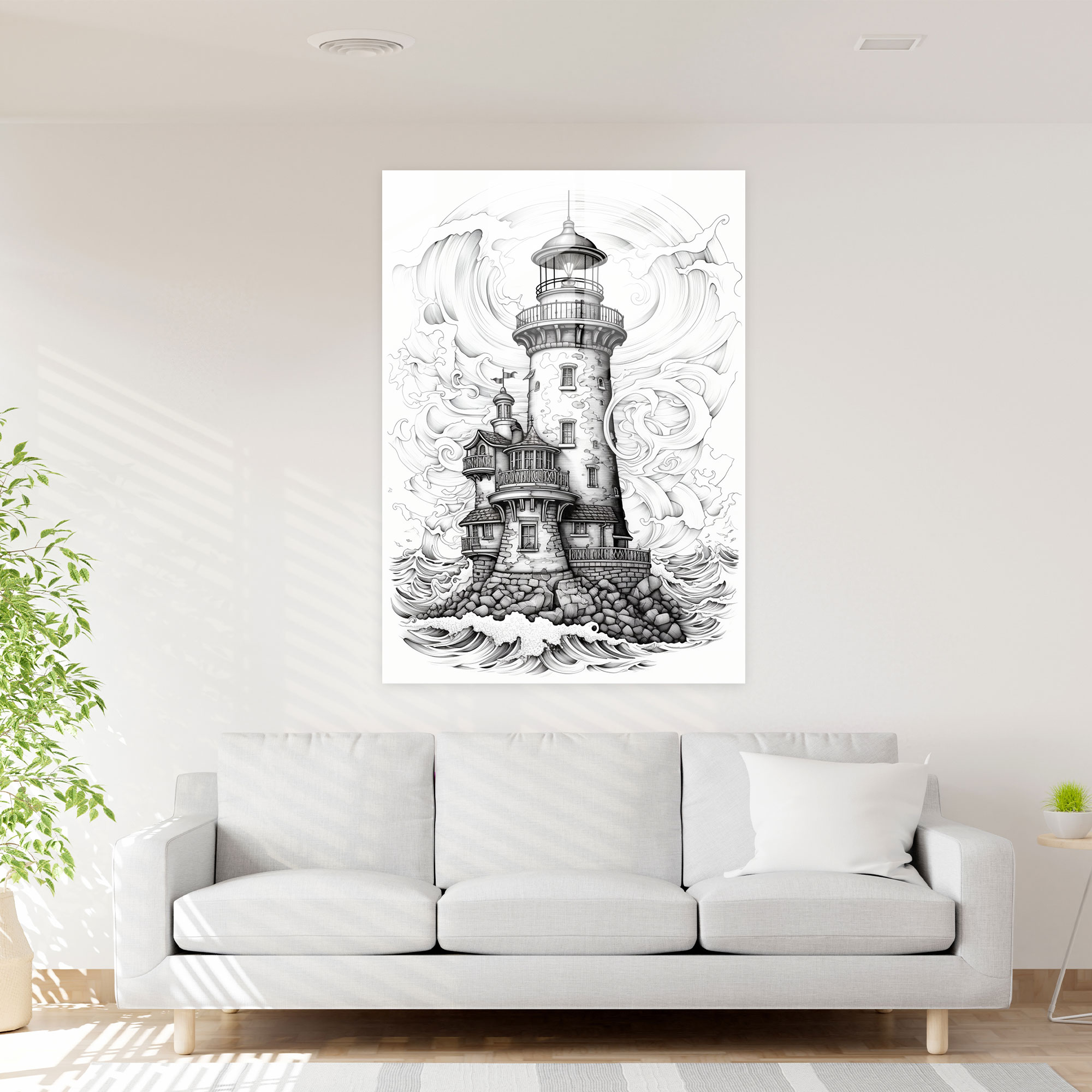 Intricate Glass Art - Whimsical Lighthouse - Lighthouse, Modern Art, Pen And Ink Drawing, Lighthouse Glass Print