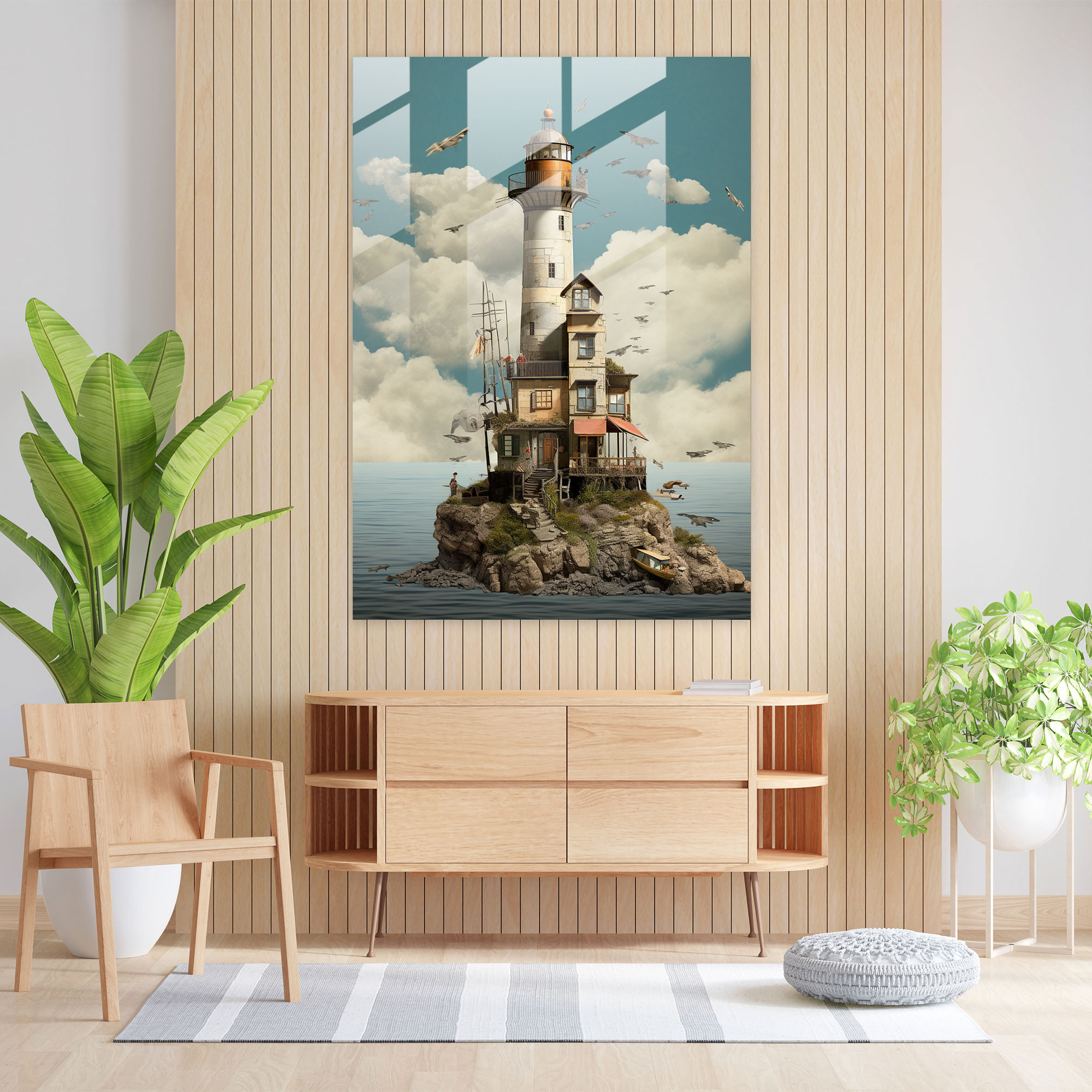 Masalsı Deniz Feneri Cam Tablo - Deniz Feneri Cam Sanatı Duvar Dekorasyonu