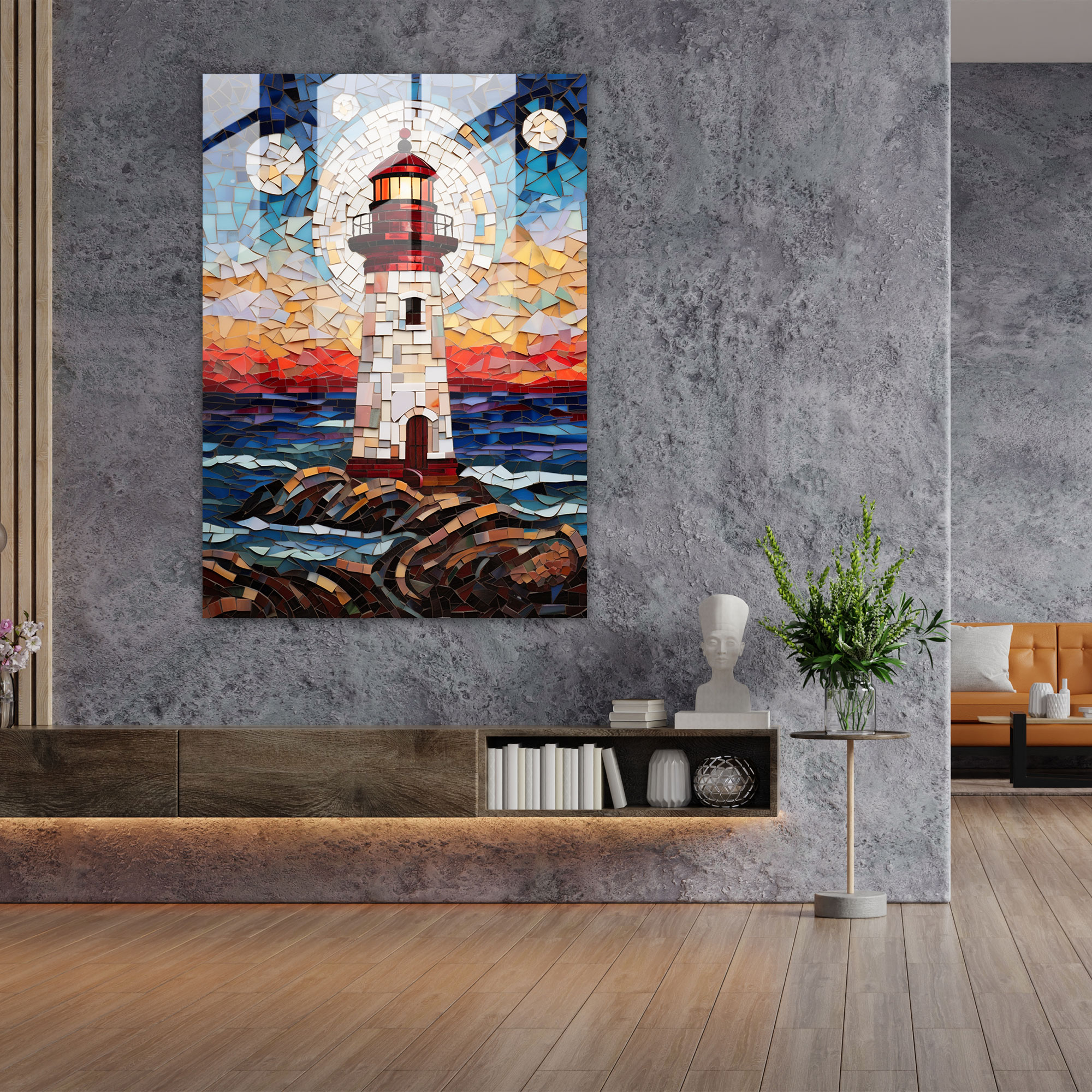 Mozaik Deniz Feneri Cam Duvar Sanatı - Deniz Feneri Modern Sanat Ev Dekorasyonu Mozaik Eser