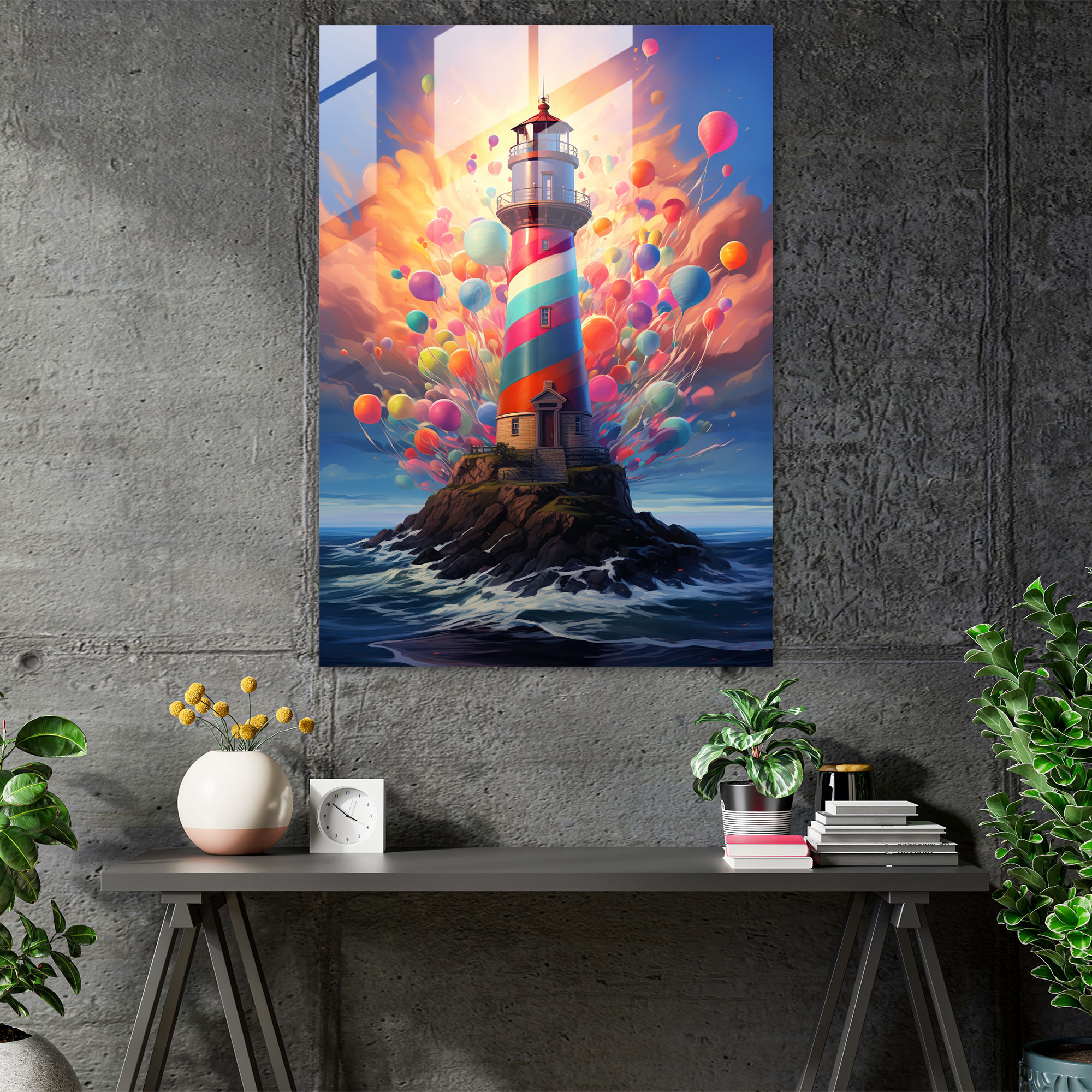 Balloon Lighthouse Glass Print - Lighthouse, Home Decoration, Surreal Painting, Lighthouse