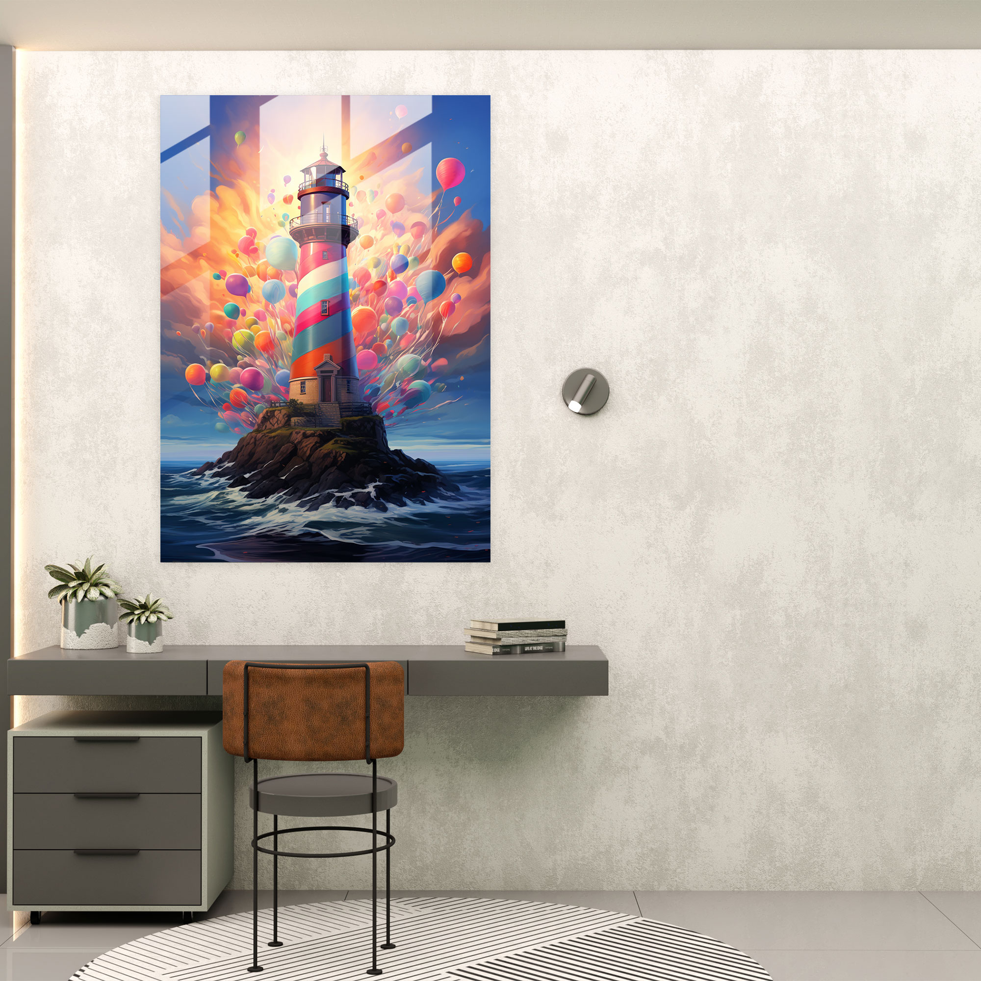 Balloon Lighthouse Glass Print - Lighthouse, Home Decoration, Surreal Painting, Lighthouse