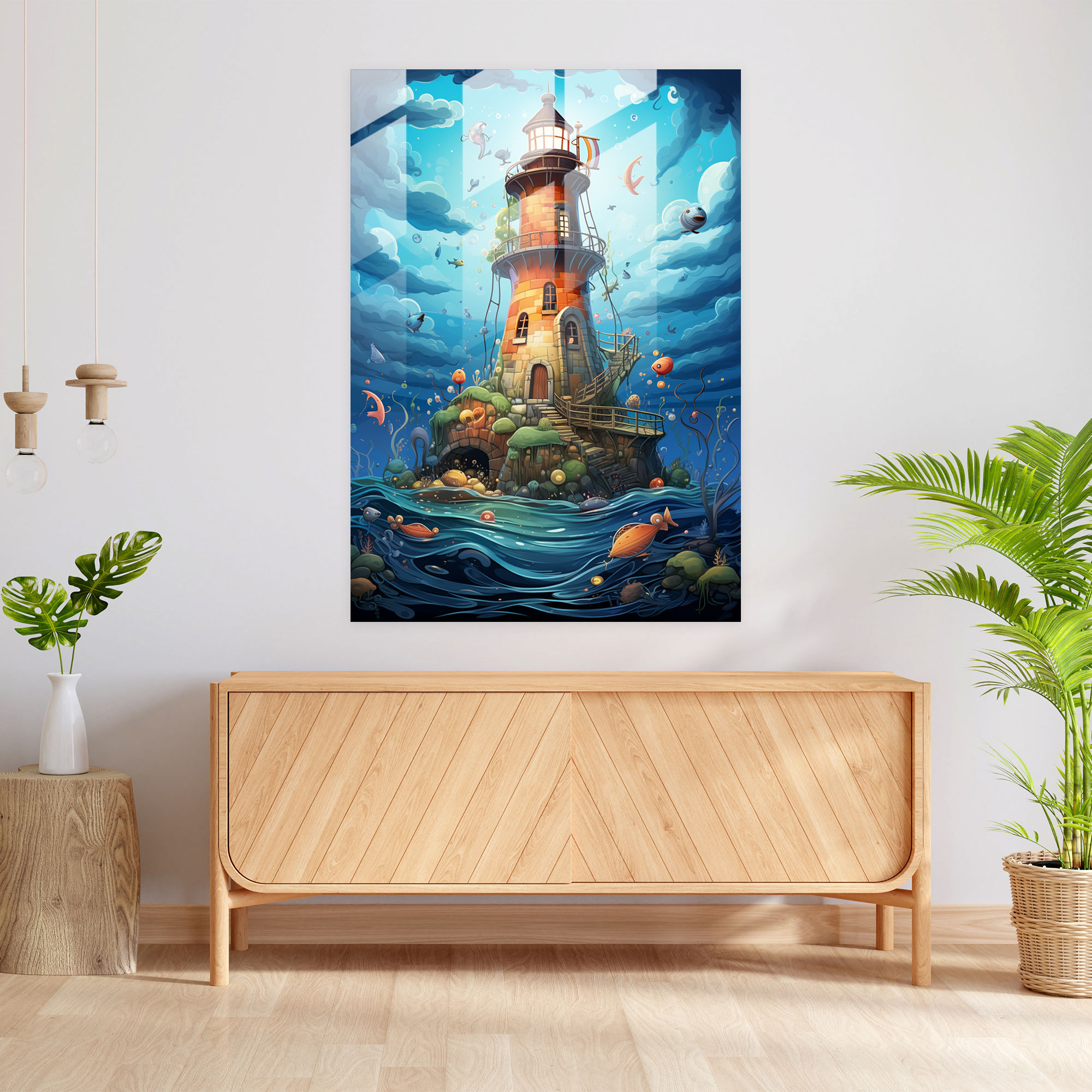 Cartoon Lighthouse Glass Print - Lighthouse, Cartoon Artwork, Playful Sea Creatures, Lighthouse