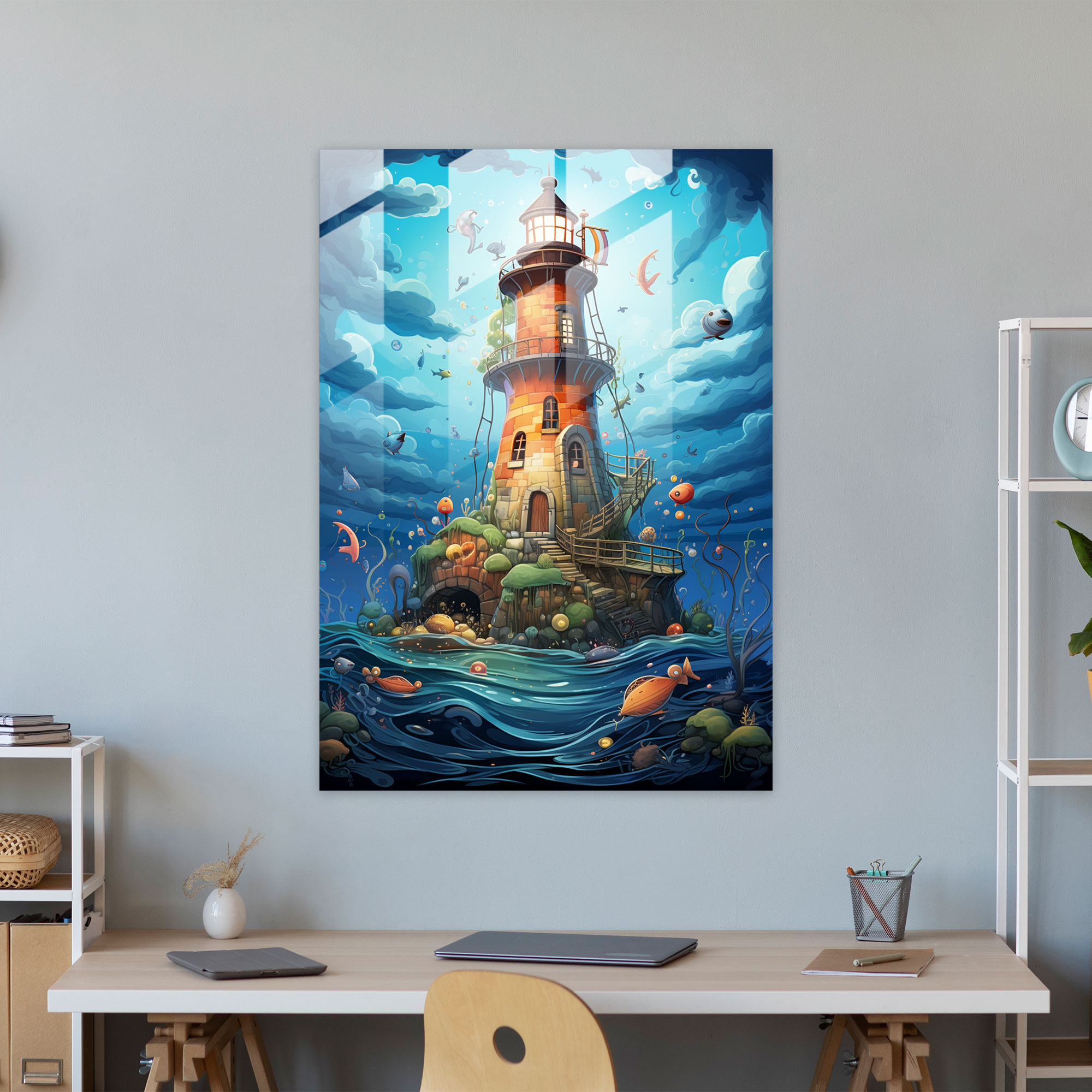 Cartoon Lighthouse Glass Print - Lighthouse, Cartoon Artwork, Playful Sea Creatures, Lighthouse