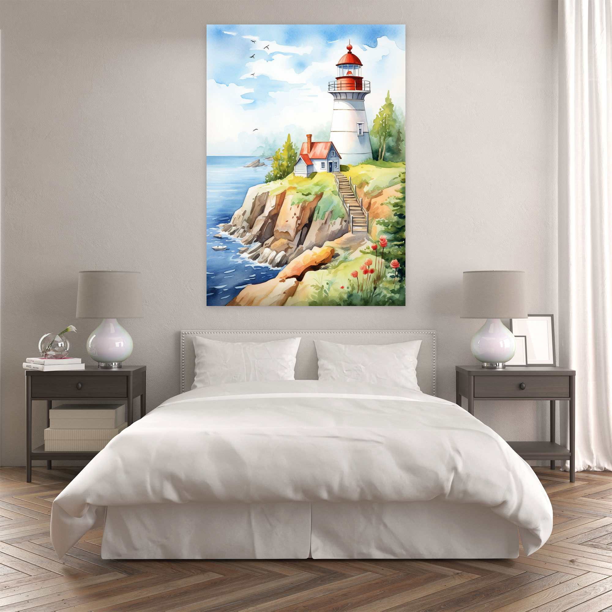Coastal Lighthouse Canvas Print - Lighthouse, Coastal Theme, Home Decoration, Watercolor Wall Art