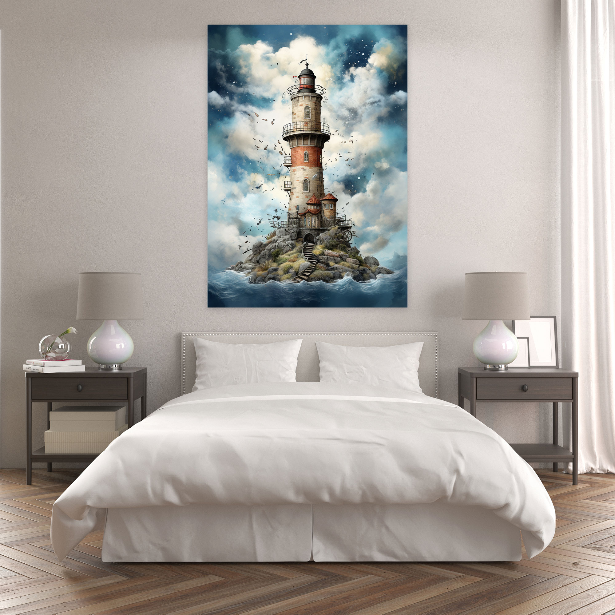 Floating Sky Lighthouse Canvas Print - Lighthouse, Home Decoration, Mixed Media Art, High Quality Canvas