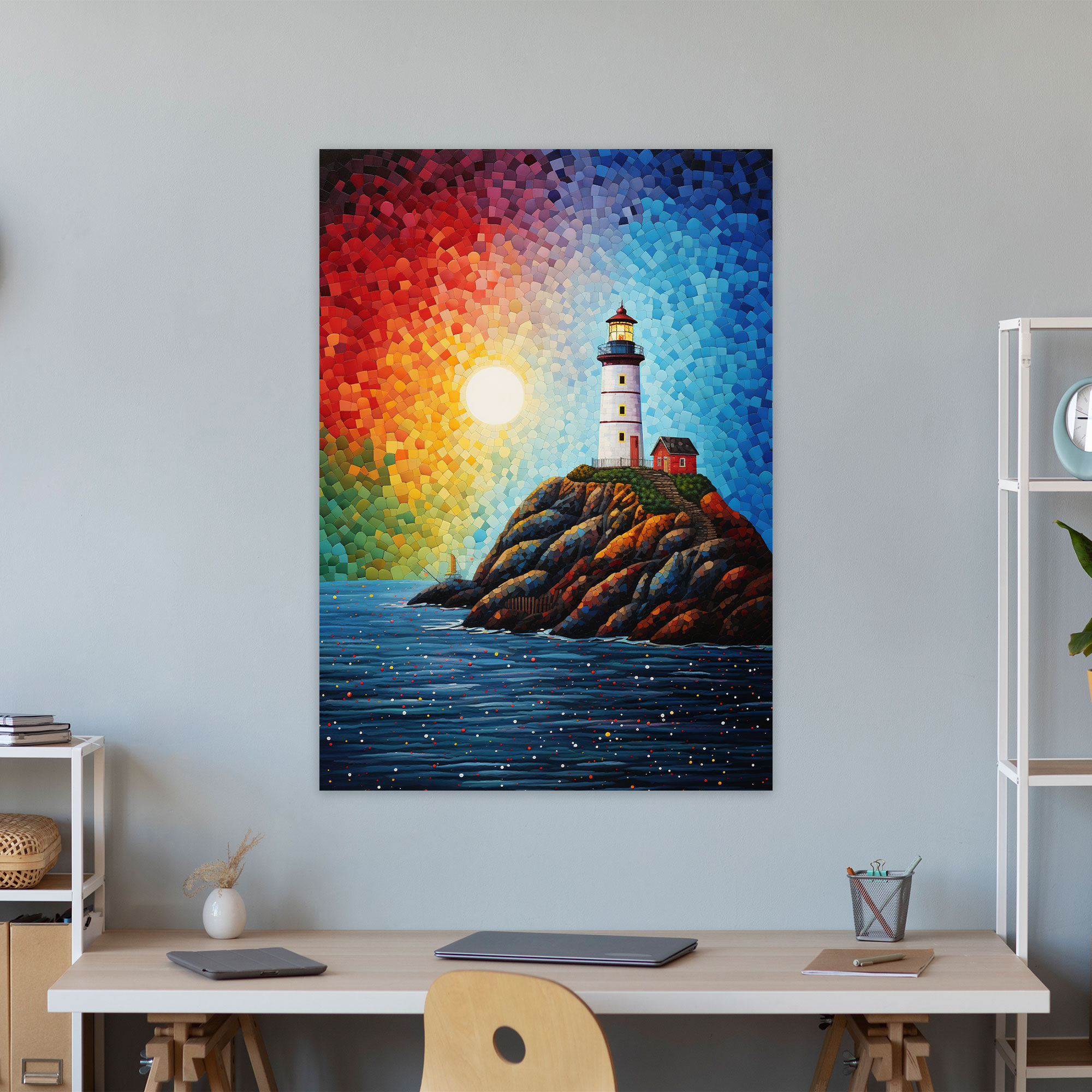 Pointillism Deniz Feneri Duvar Sanatı - Deniz Feneri Renkli Kanvas Tablo Noktacı Resim Pointillism Deniz Feneri Duvar Sanatı