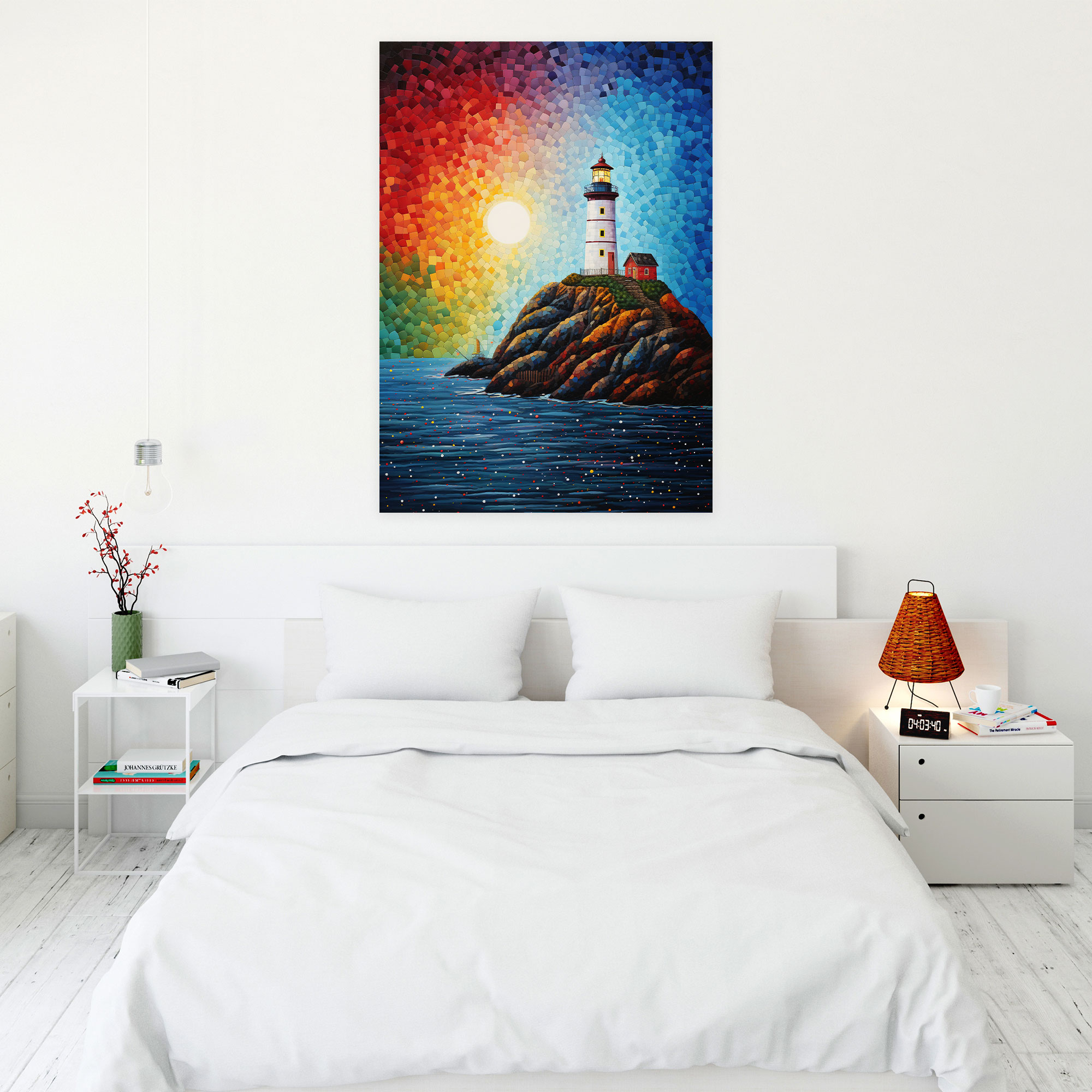 Pointillism Deniz Feneri Duvar Sanatı - Deniz Feneri Renkli Kanvas Tablo Noktacı Resim Pointillism Deniz Feneri Duvar Sanatı