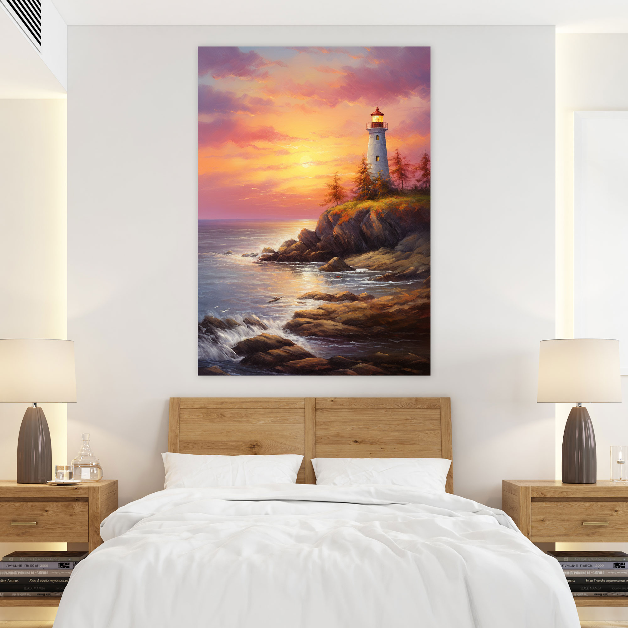 Romantic Sunset Lighthouse Wall Art - Lighthouse, High Quality Canvas, Tranquil Seascape, Romantic Art