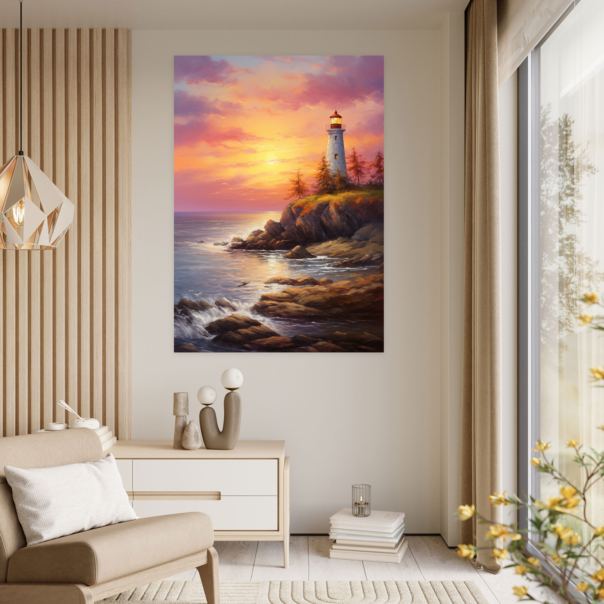 Romantic Sunset Lighthouse Wall Art - Lighthouse, High Quality Canvas, Tranquil Seascape, Romantic Art