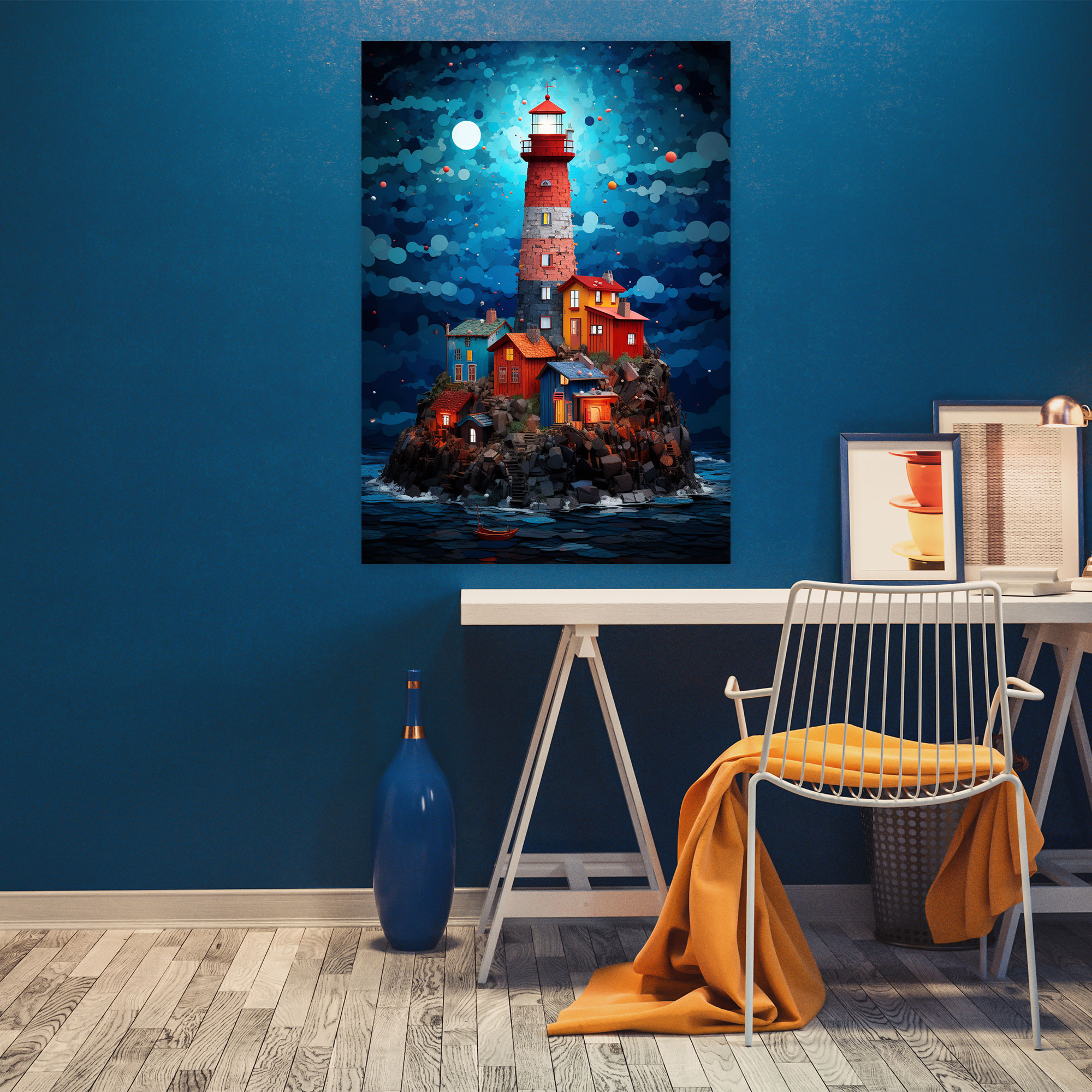 Whimsical City Lighthouse Canvas Print - Lighthouse, Playful Wall Art, Collage Artwork, Cityscape Wall Decoration