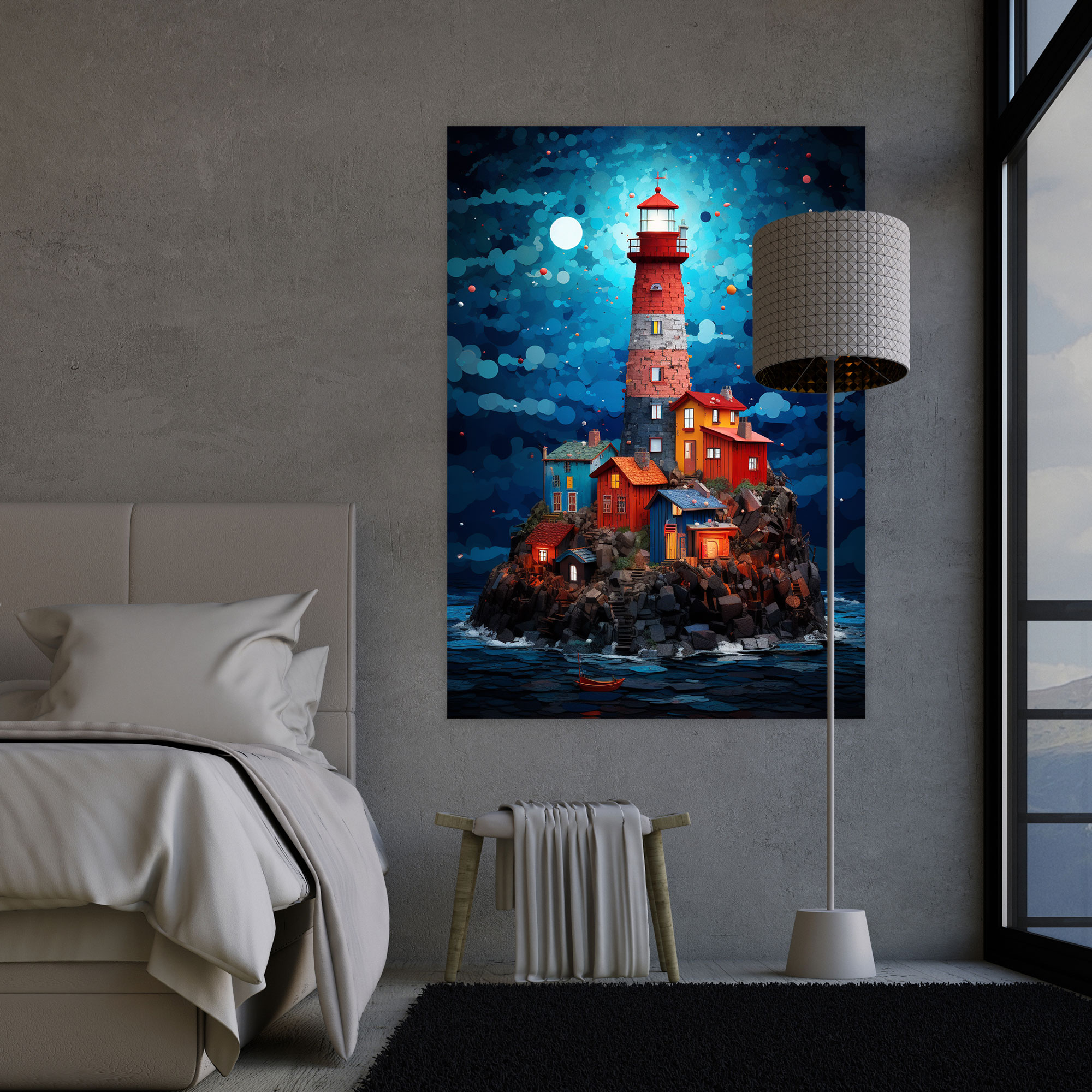 Whimsical City Lighthouse Canvas Print - Lighthouse, Playful Wall Art, Collage Artwork, Cityscape Wall Decoration