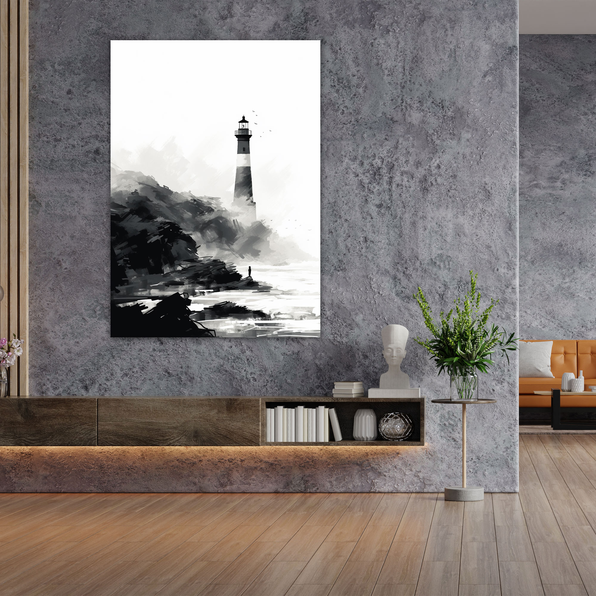 Deniz Feneri Duvar Sanatı - Kayalık Uçurumlu Ev Dekorasyonu Kanvas Tablo Sanatı