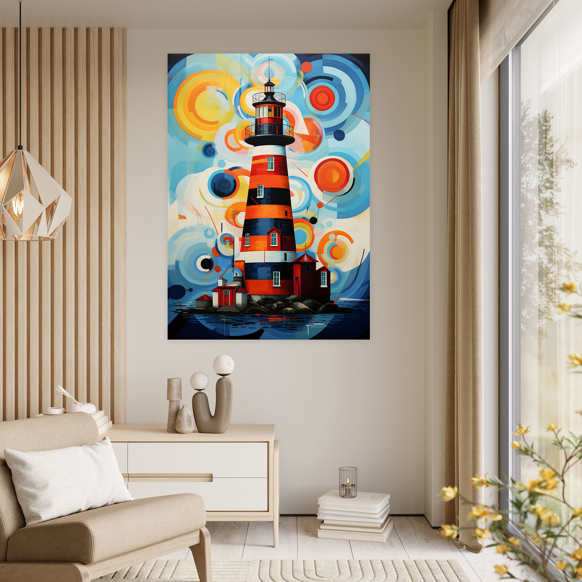 Geometrik Deniz Feneri Duvar Sanatı - Modern Yorum Soyut Sanat Eseri - Kanvas Tablo
