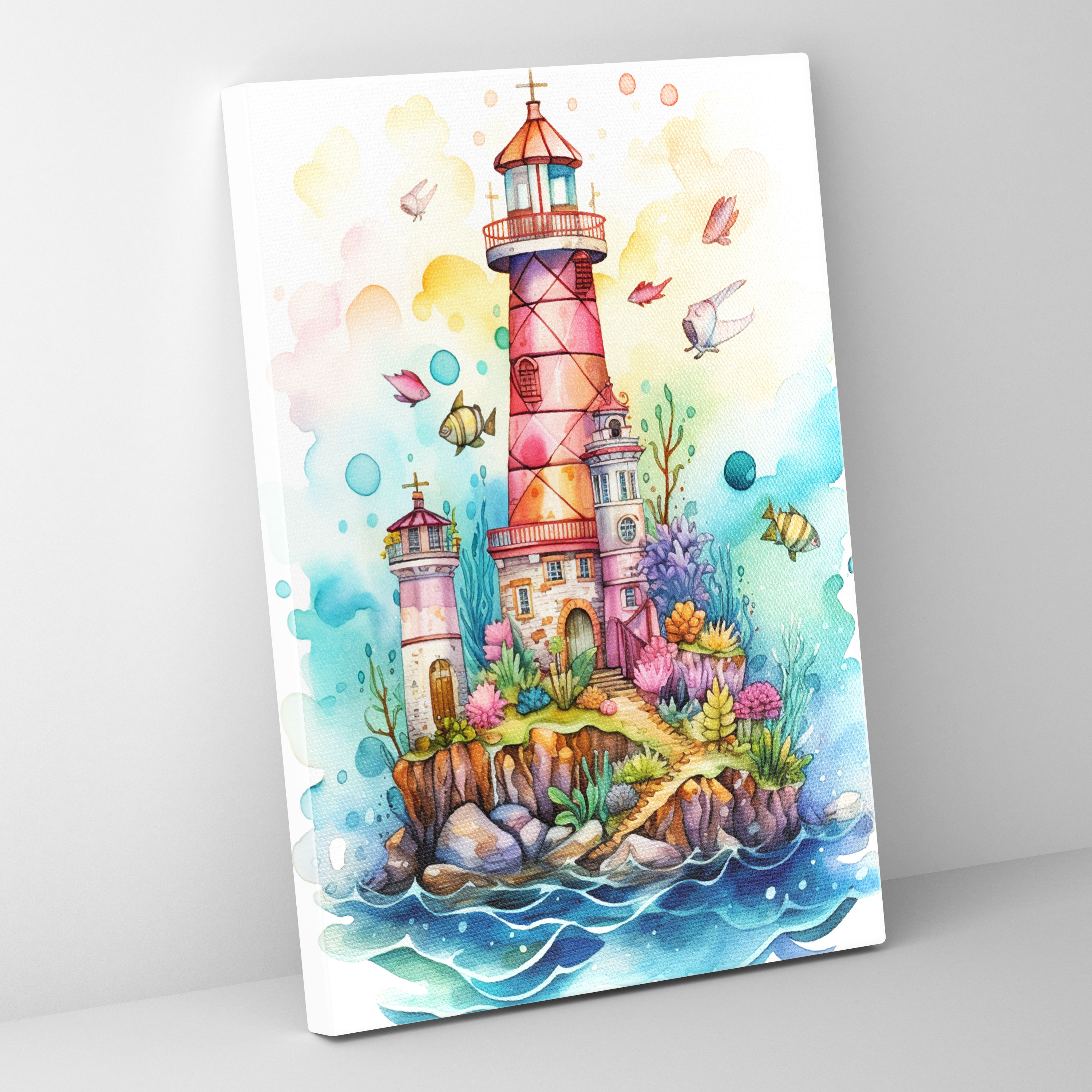 Whimsical Lighthouse Canvas Print - Lighthouse, Playful, Whimsical Watercolor Painting, Canvas Print