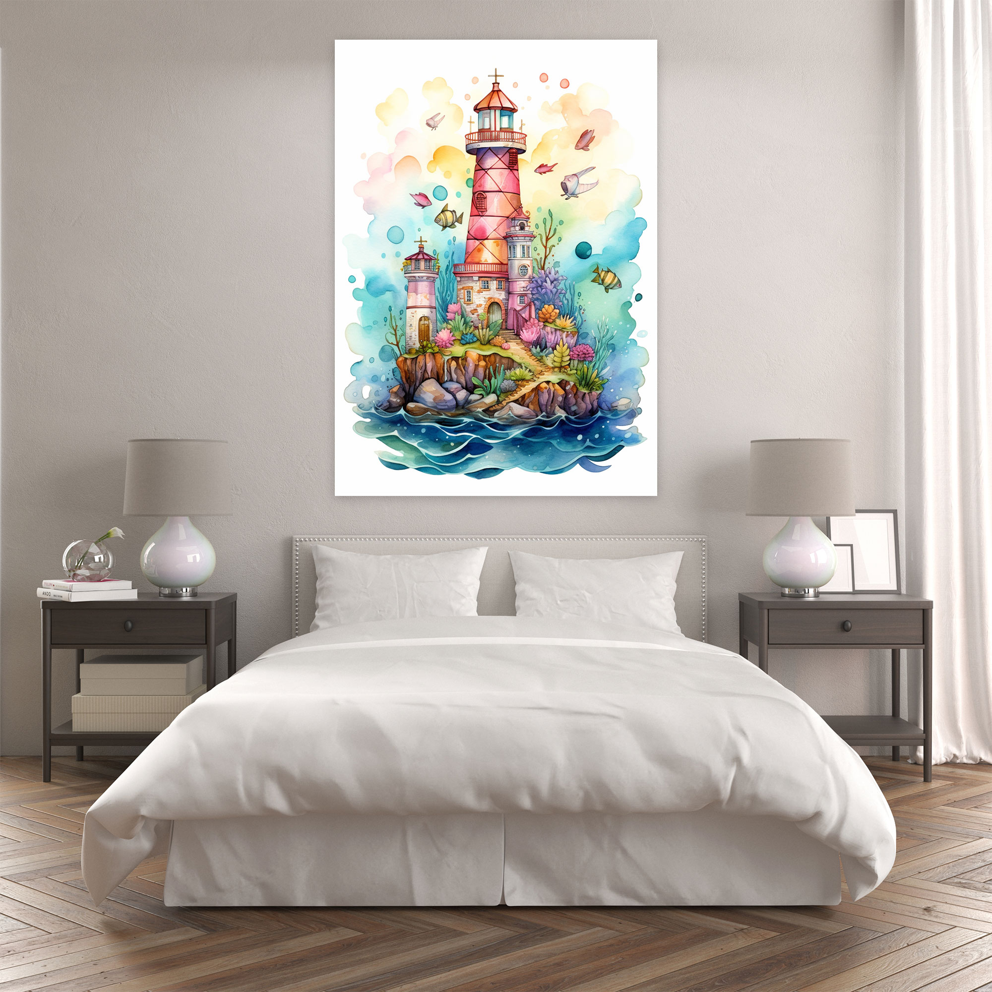 Whimsical Lighthouse Canvas Print - Lighthouse, Playful, Whimsical Watercolor Painting, Canvas Print