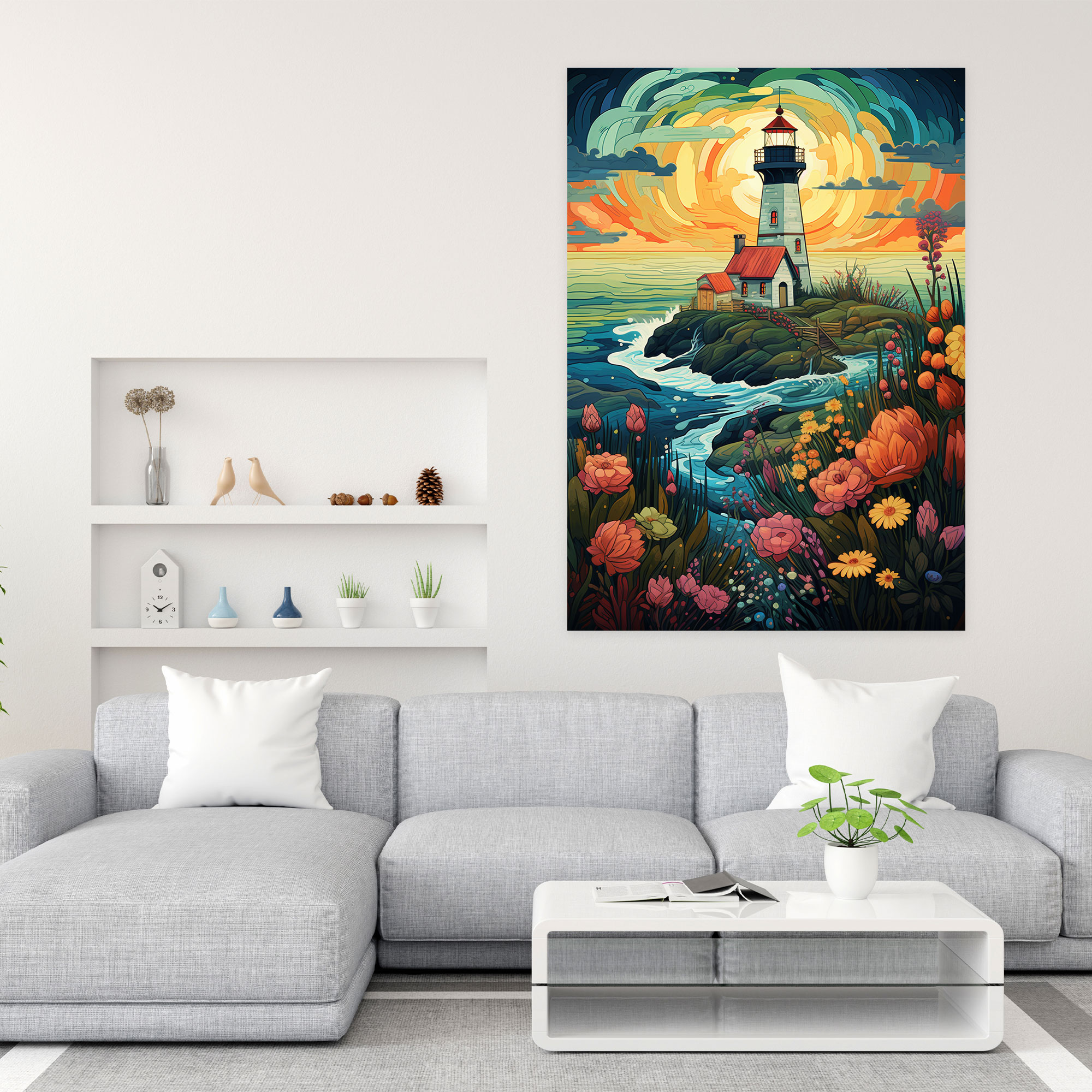 Lighthouse Wall Art - Lighthouse, Wall Art, Vibrant Flowers, Home Decoration
