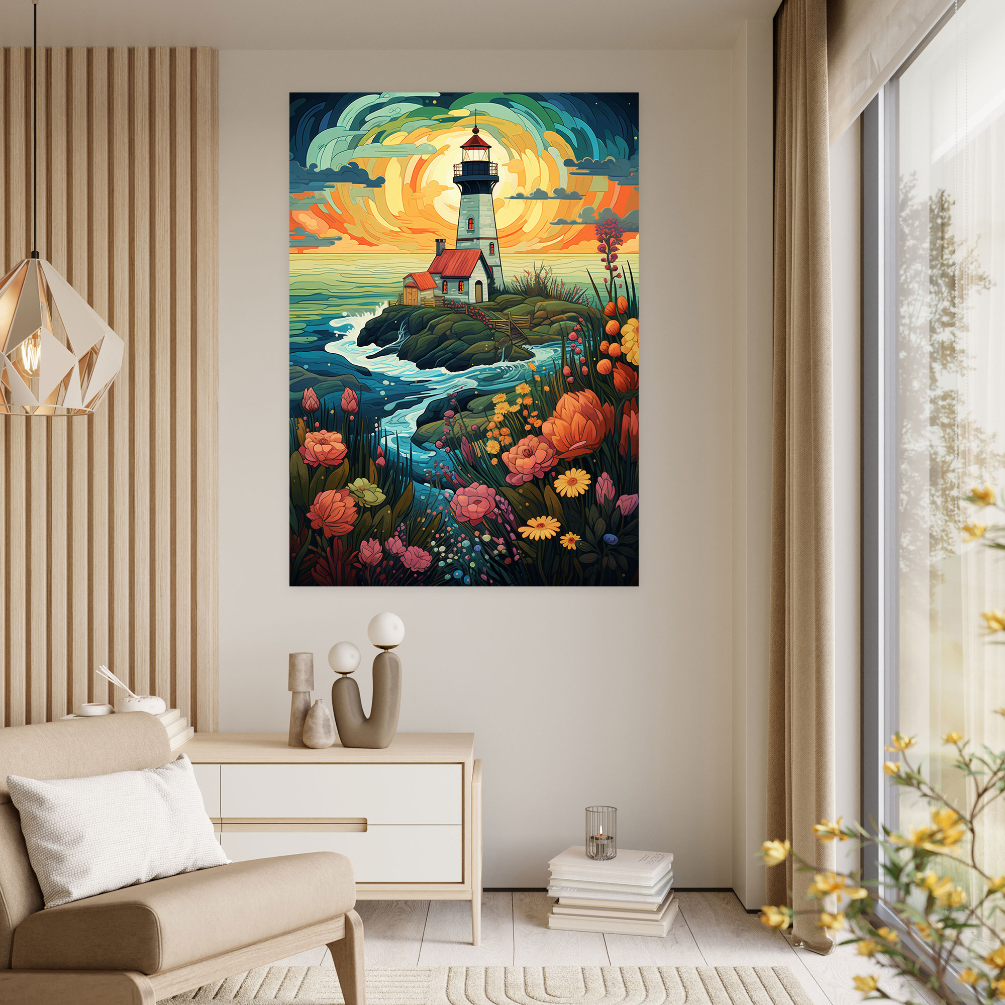 Lighthouse Wall Art - Lighthouse, Wall Art, Vibrant Flowers, Home Decoration