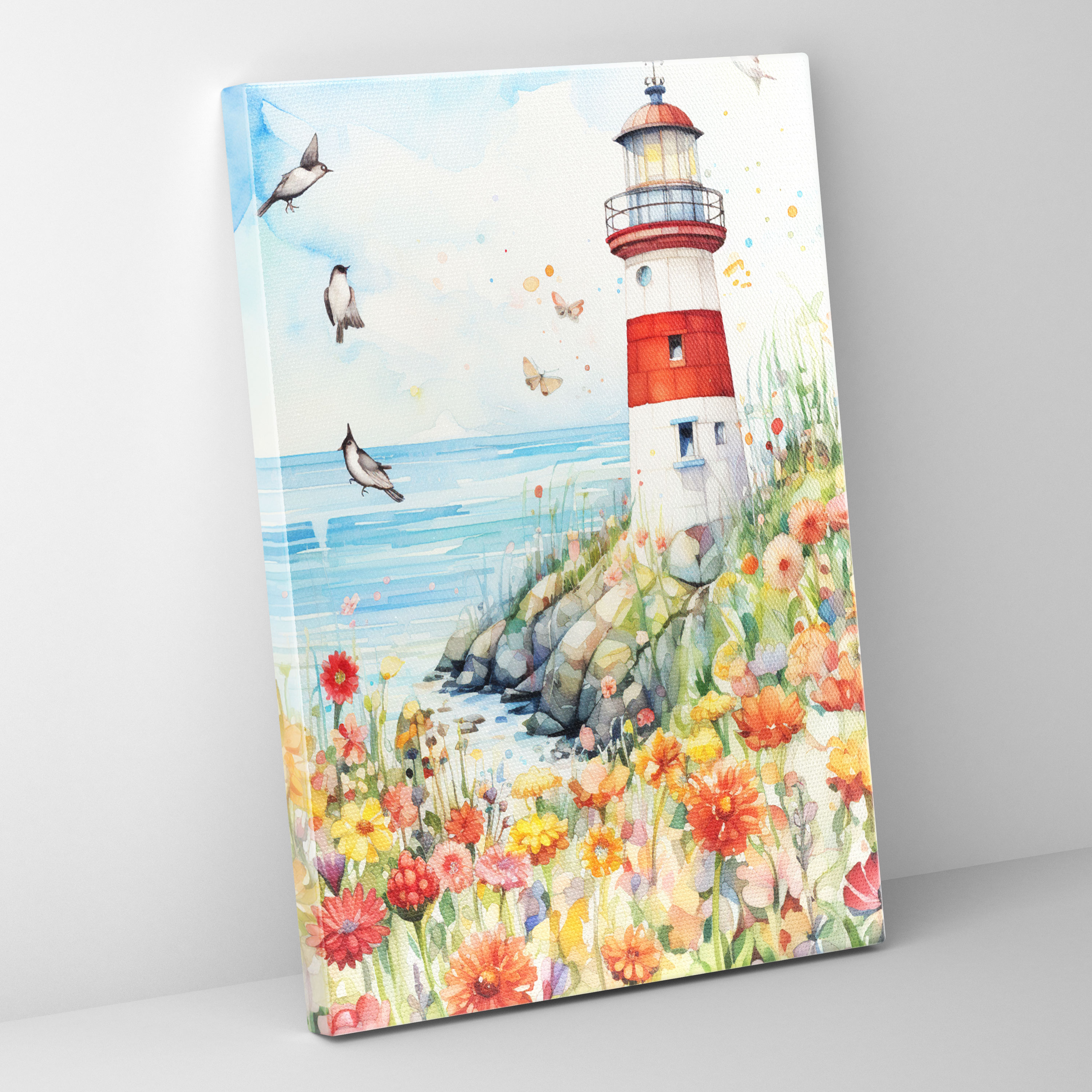 Lighthouse Wall Art - Lighthouse, Vibrant Flowers, Lighthouse Wall Art, Whimsical Watercolor Painting