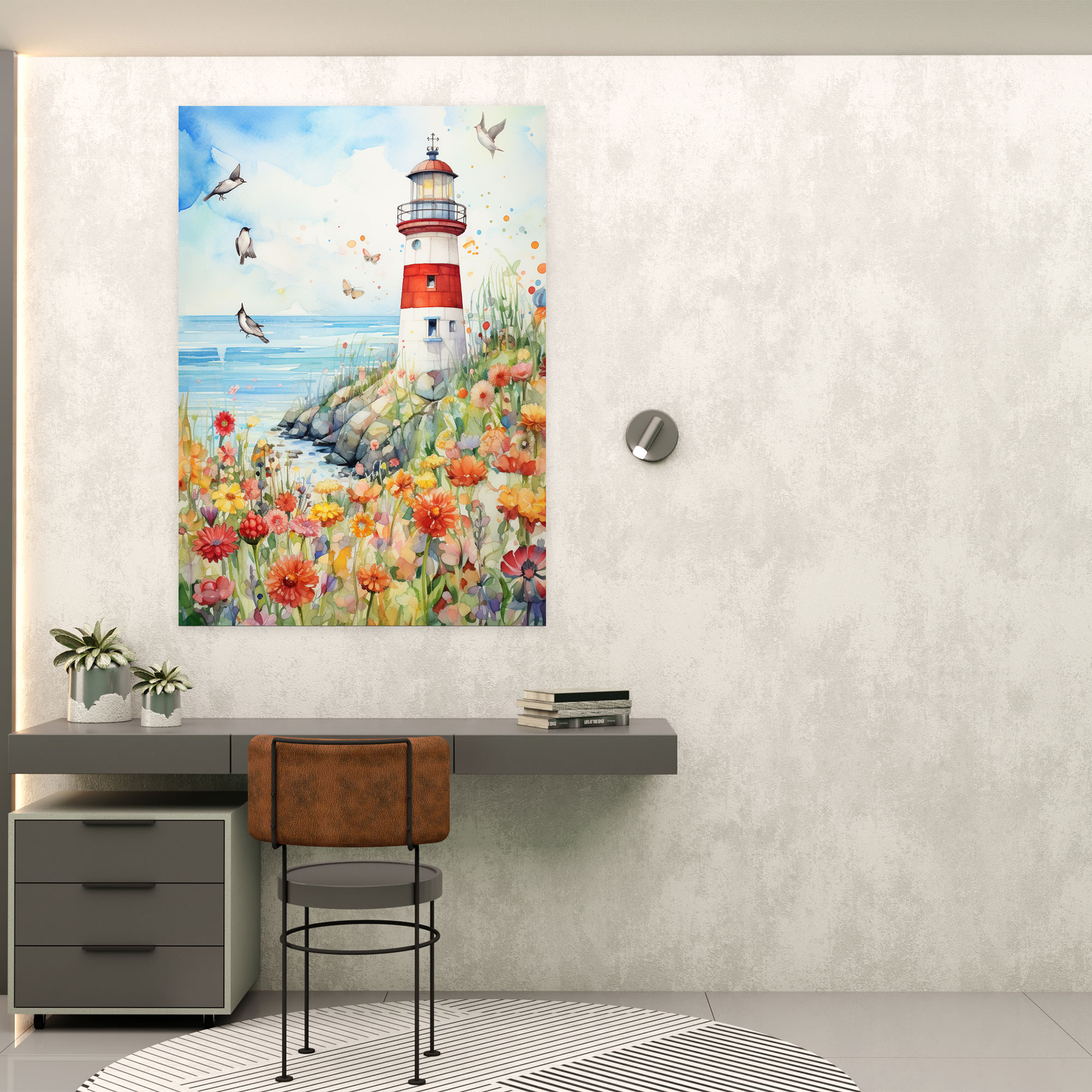 Lighthouse Wall Art - Lighthouse, Vibrant Flowers, Lighthouse Wall Art, Whimsical Watercolor Painting