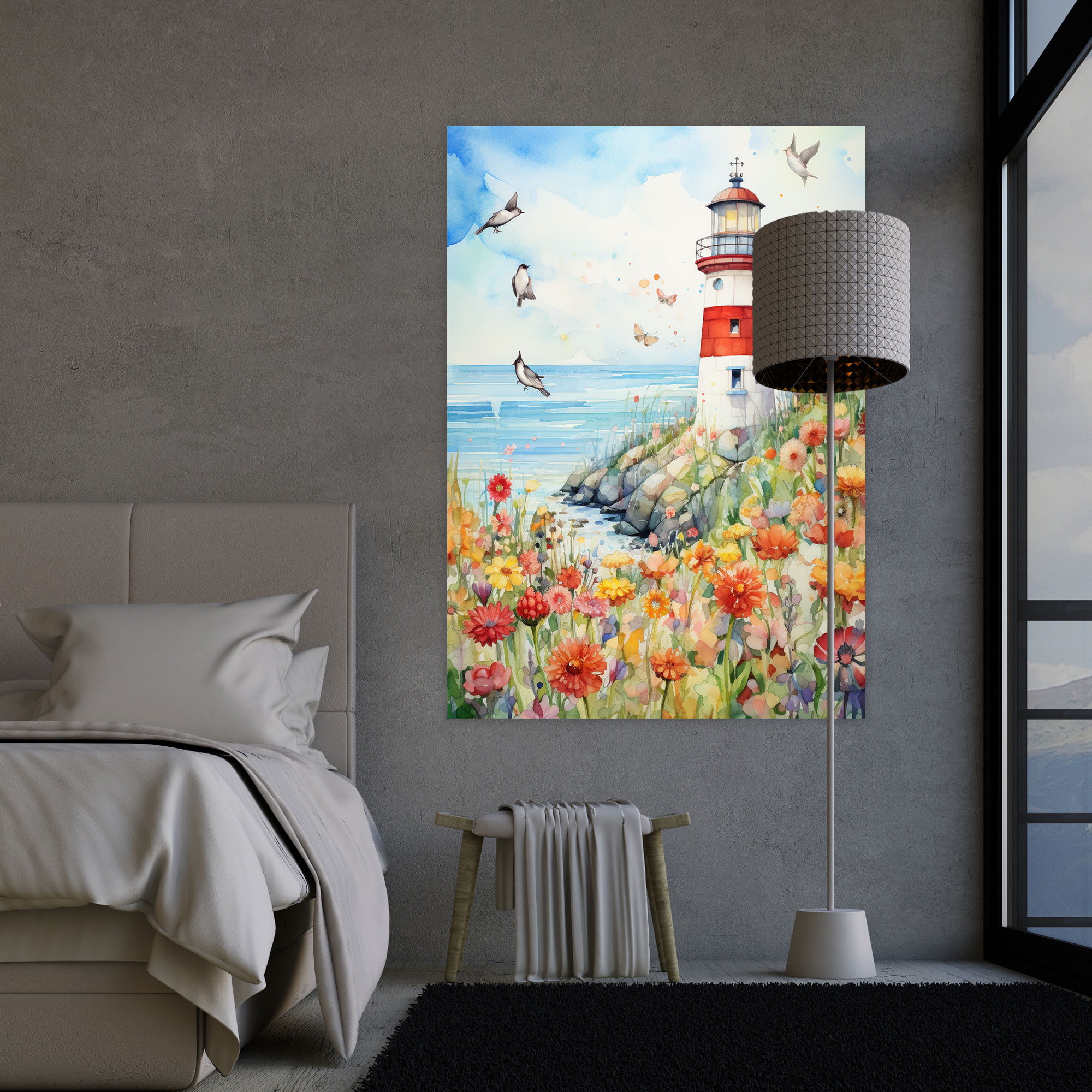 Lighthouse Wall Art - Lighthouse, Vibrant Flowers, Lighthouse Wall Art, Whimsical Watercolor Painting