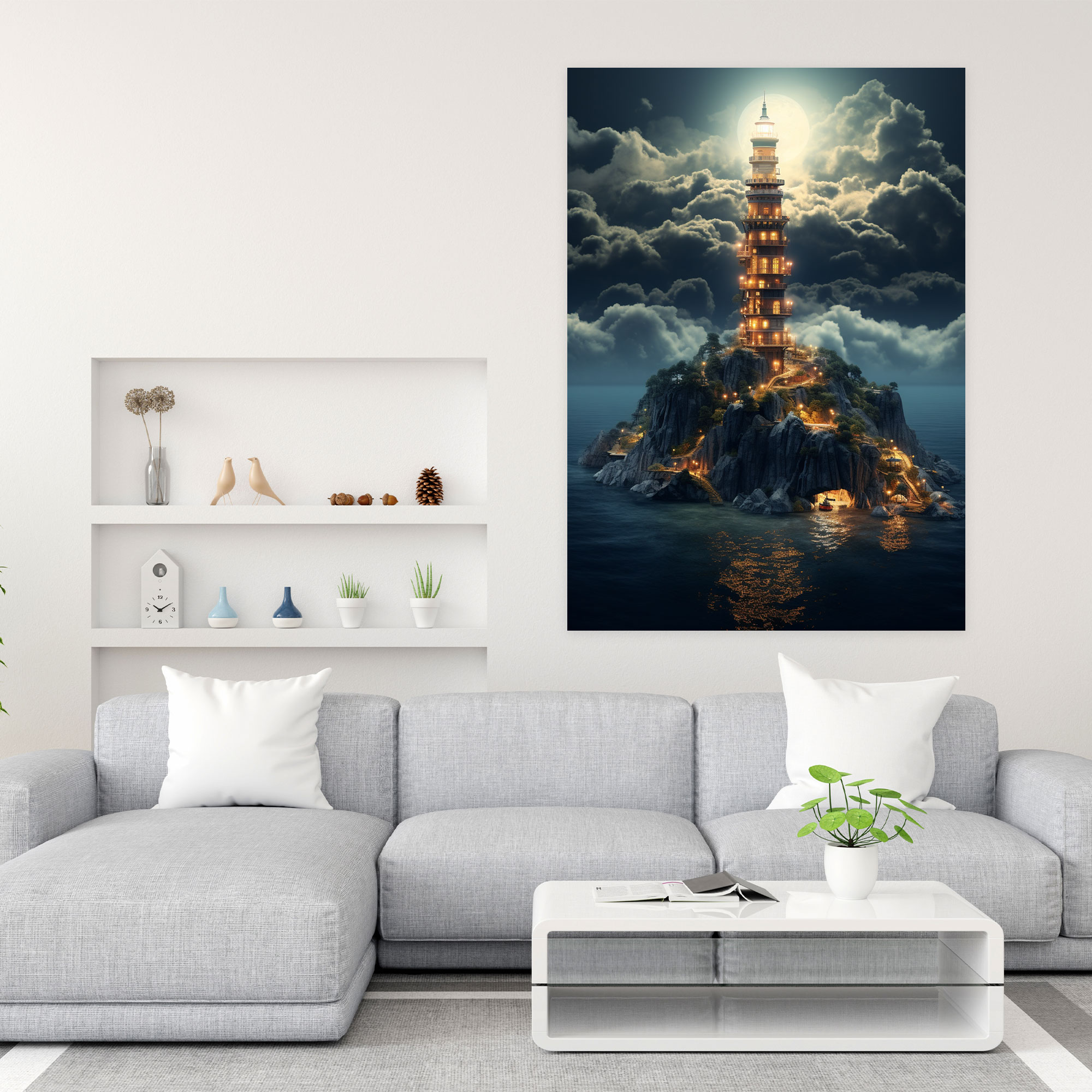 Lighthouse Wall Decoration - Lighthouse, Futuristic Cityscape, Unique Design, Wall Art