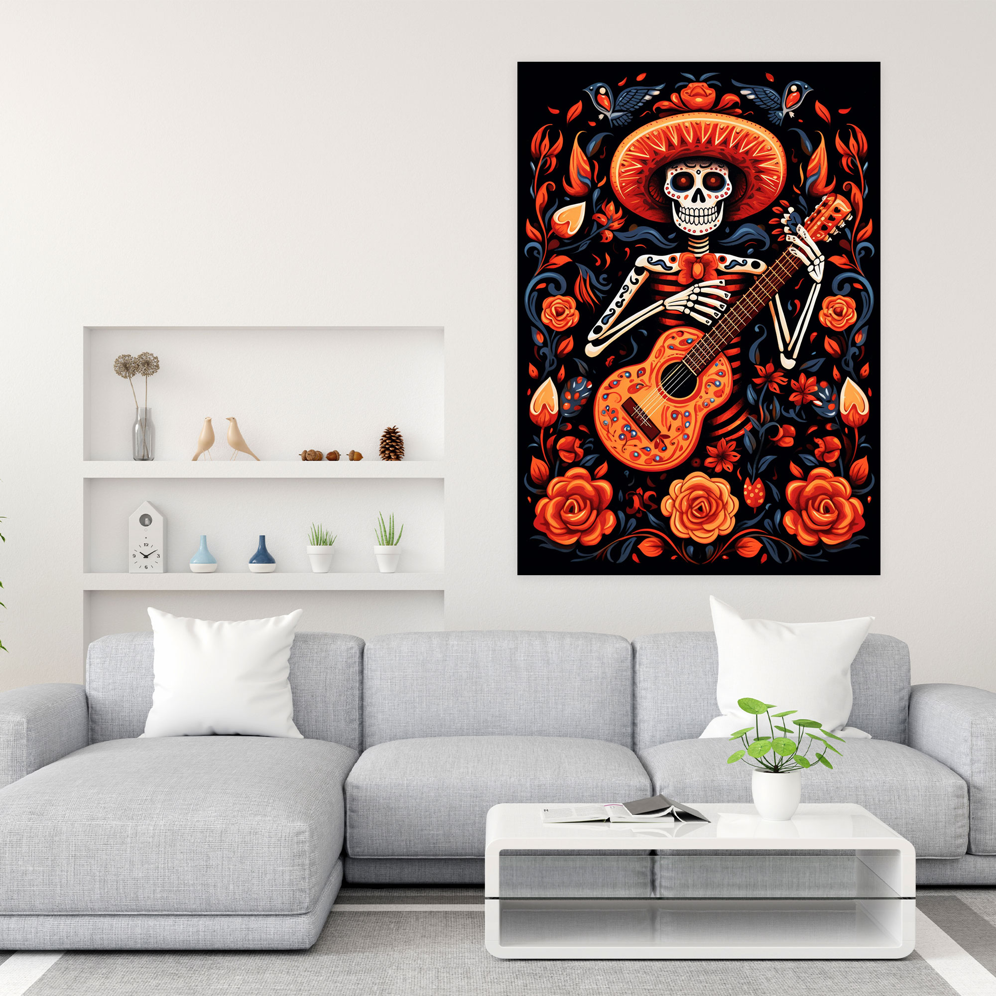 Los Muertos Duvar Dekorasyonu - Alev Gözlü İskelet Kanvas Tablo