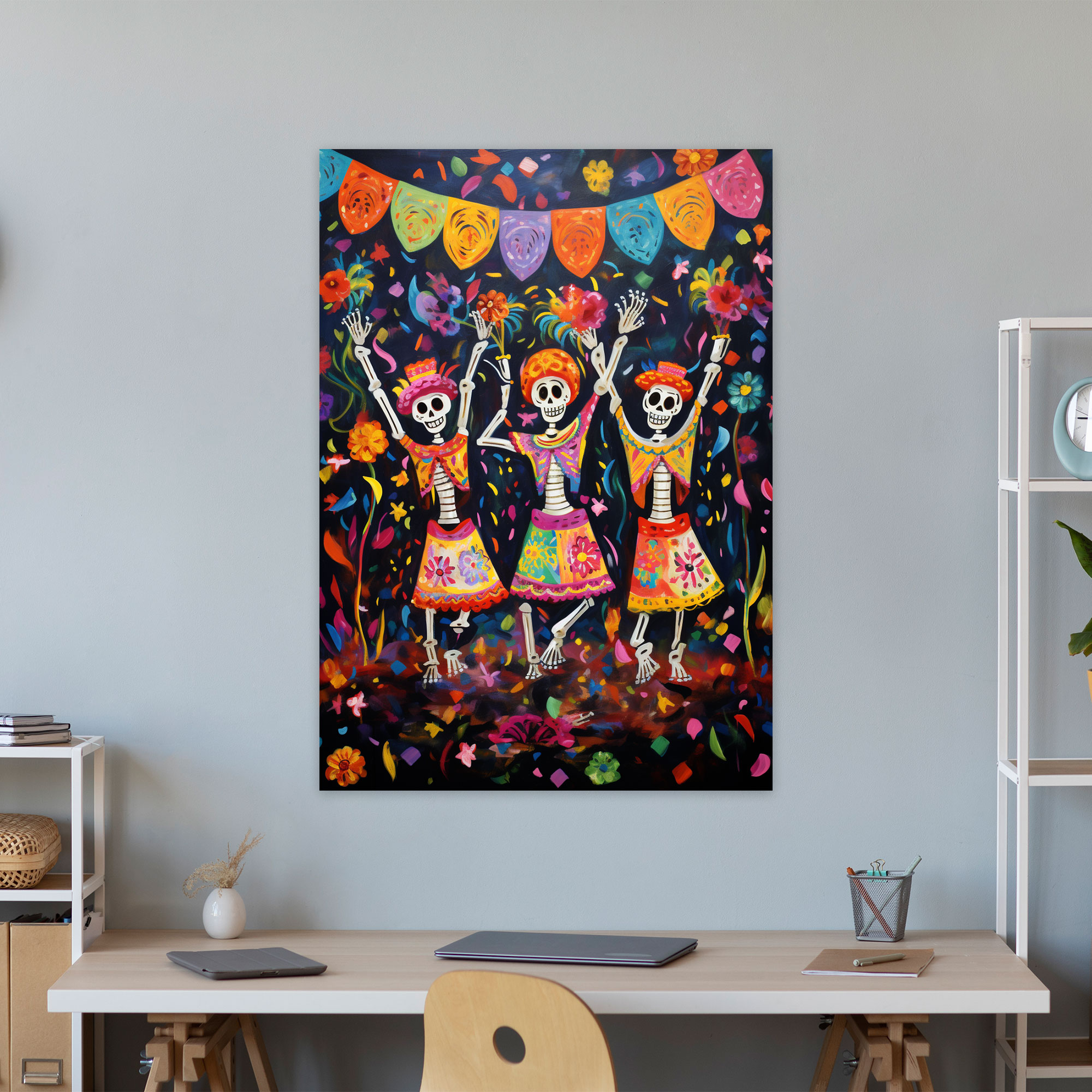 Los Muertos Duvar Sanatı - Canlı Enerji ve Renkler Papel Picado Deseni Kanvas Tablo Sanatı
